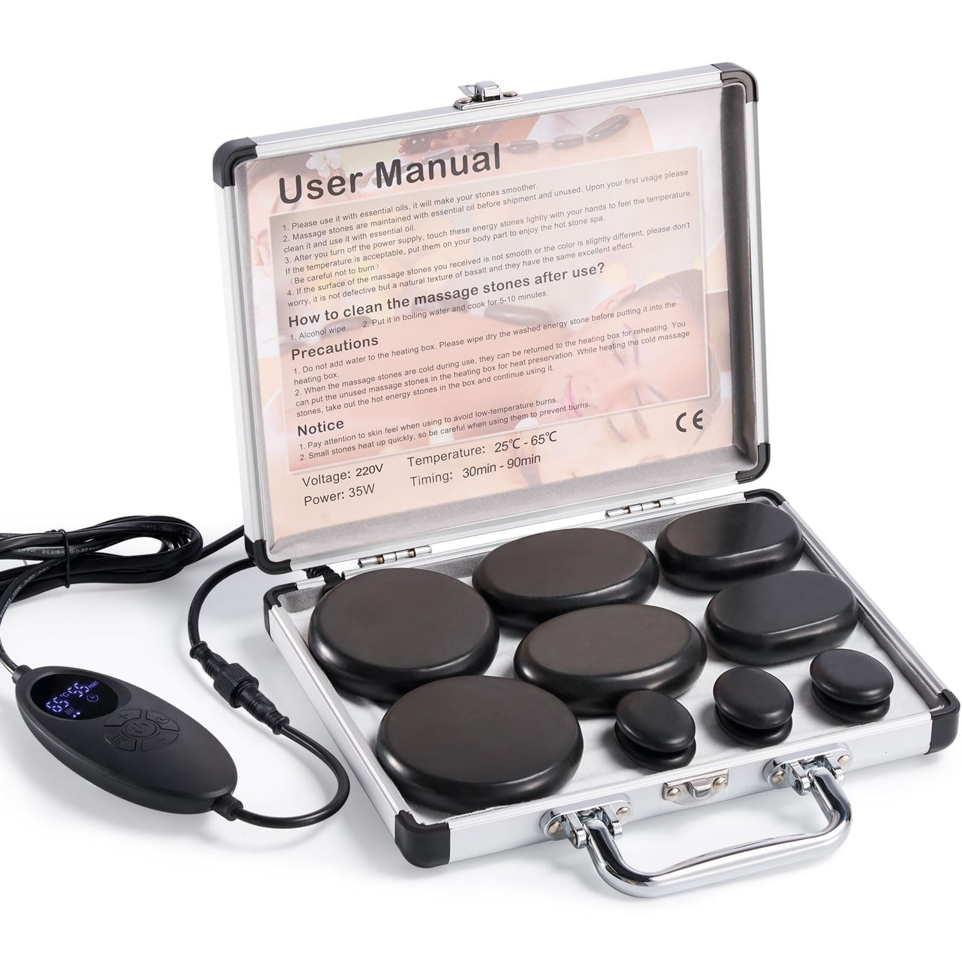 12-Piece Hot Stone Massage Set with Adjustable Temperature Control and Timer, Basalt Therapy Stones with Portable Warmer for Relaxing Home Spa Use - Black