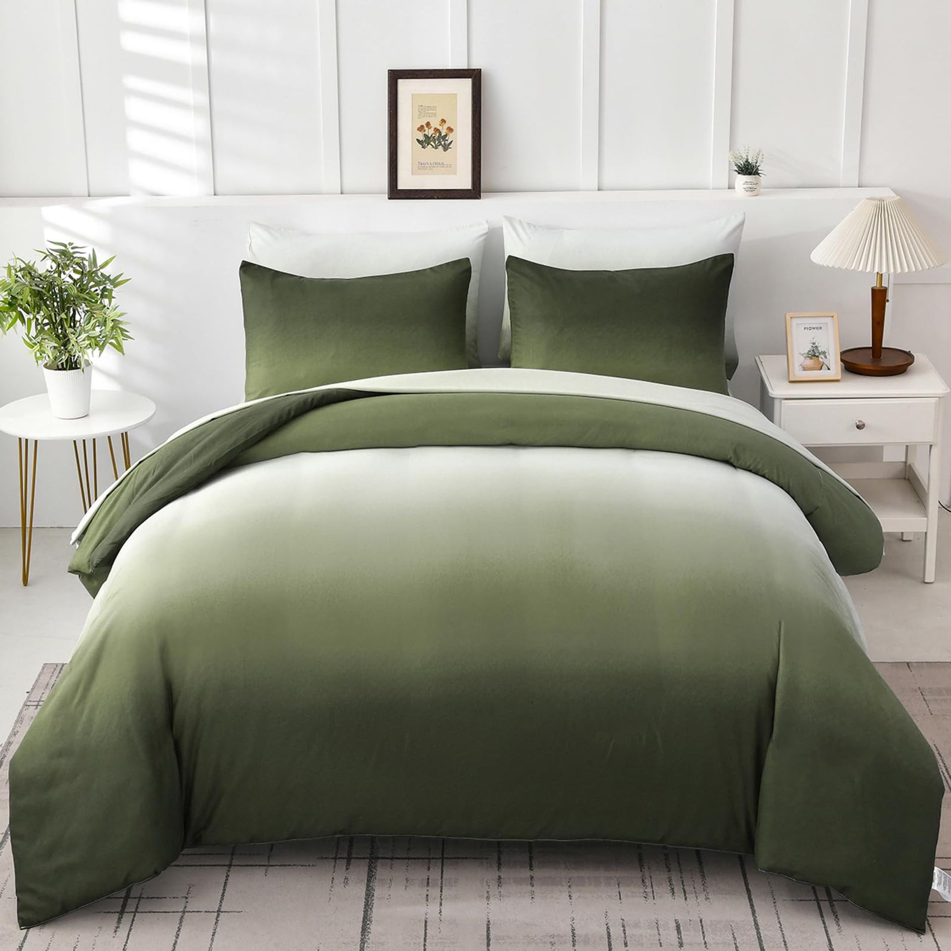 Gradient Design Microfibre Duvet Cover Set Soft Bedding with Zipper Closure for Teens and Adults - Olive Green Double