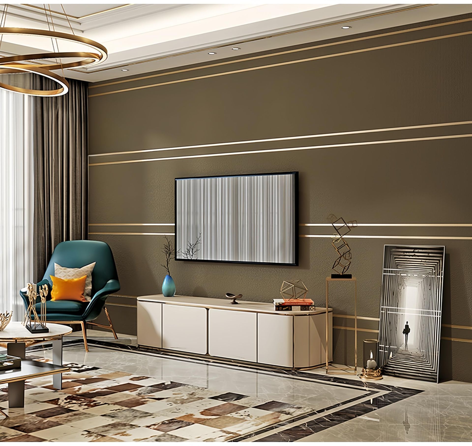 3D Non-Woven Wallpaper Nordic Geometric Lines Deerskin Velvet Luxury Peel & Stick - Coffee Gold 53x950cm