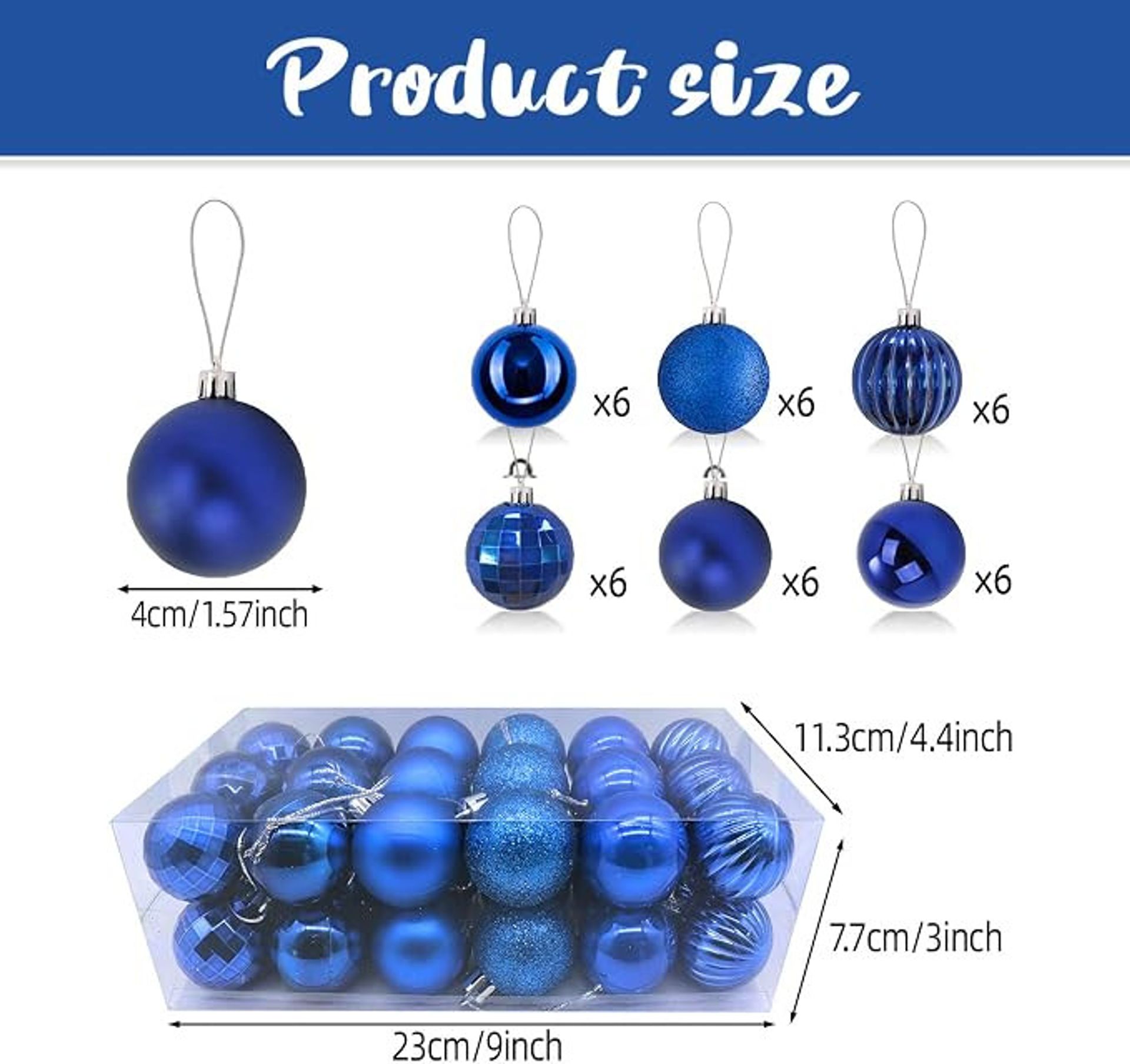 36-Pack Christmas Tree Baubles, Shatterproof Blue Decorations, Shiny & Glitter for Festive Décor