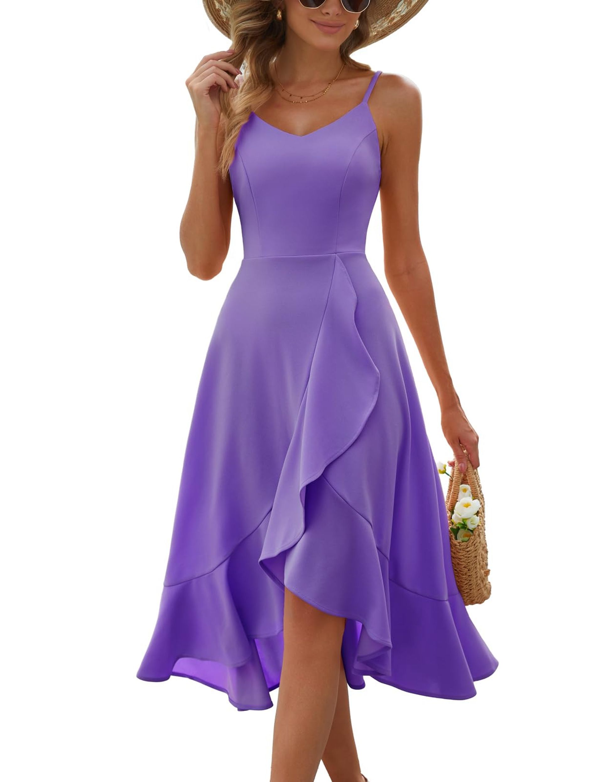 Women's Vintage High Low Cocktail Dress Formal Fit & Flare Ruffle Hem - Lavender S