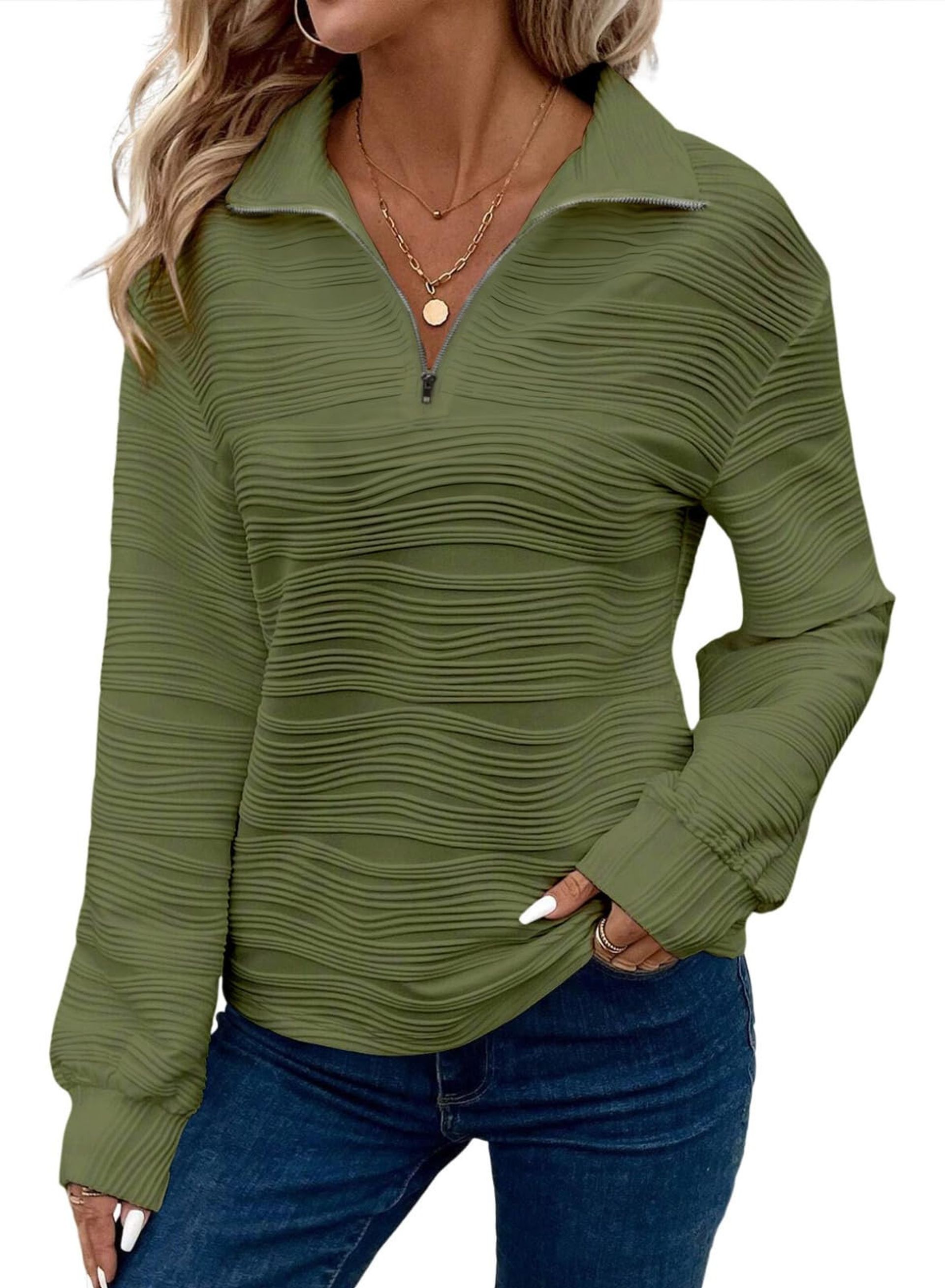 Women's Half Zip Textured Pullover Sweatshirt Casual Long Sleeve Tunic Top - Green XL