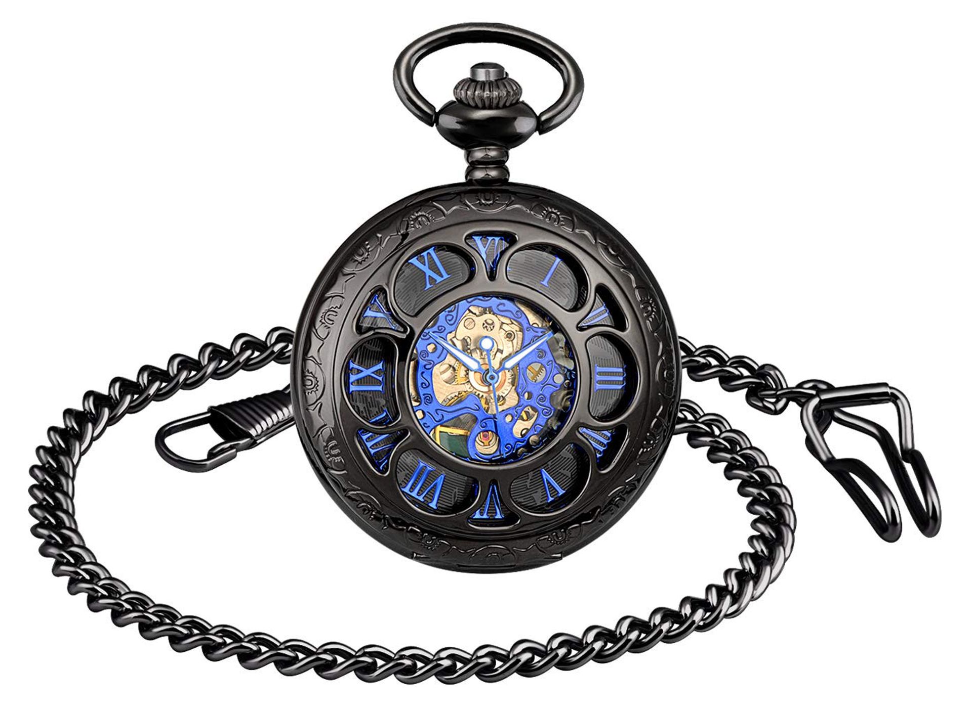 Mechanical Hand-Wind Pocket Watch Retro Windmill Design with Chain Gift Set - Black