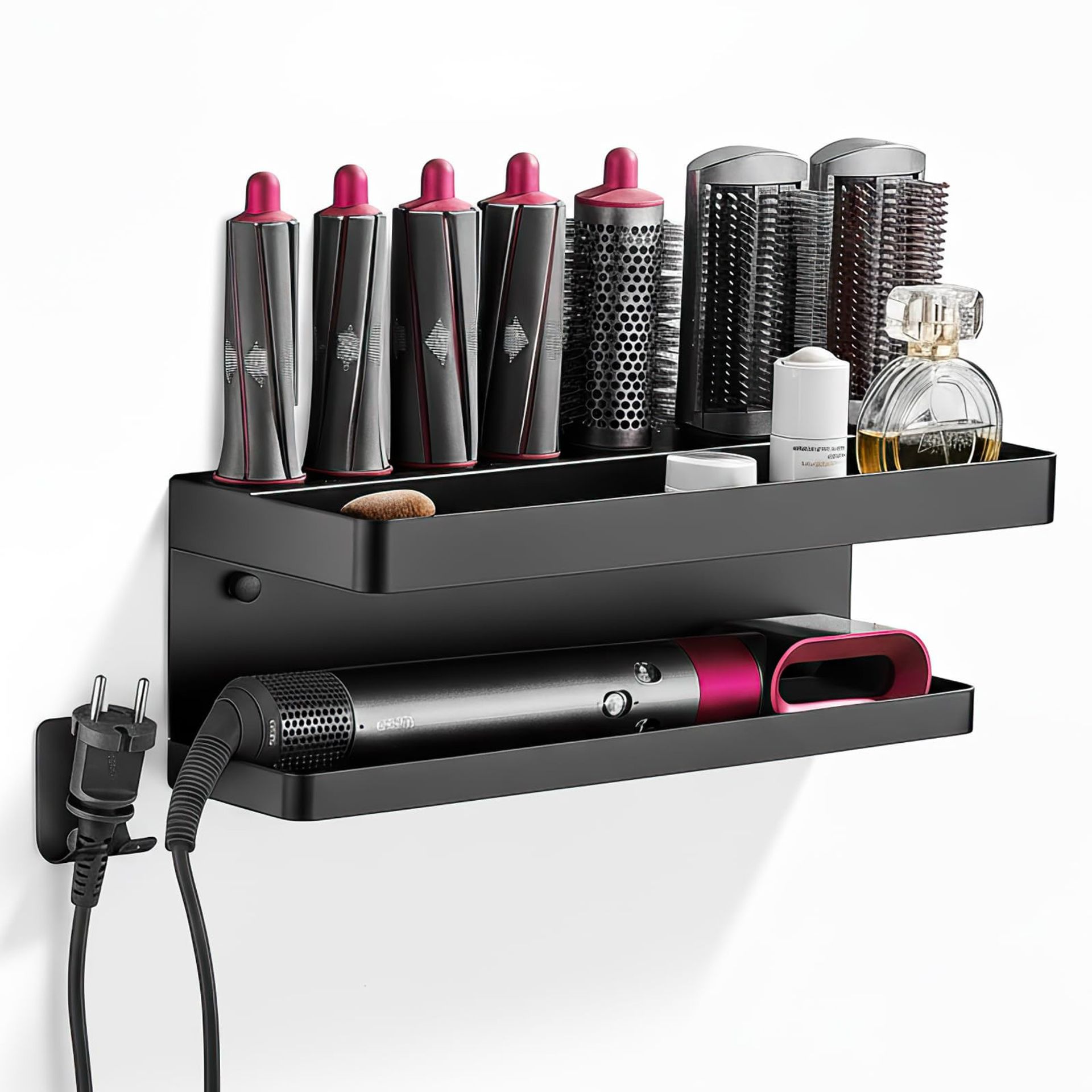 Hair Dryer Holder Wall Mount for Dyson Airwrap Organiser with Hook & Extra Storage - Black 38x14x13cm