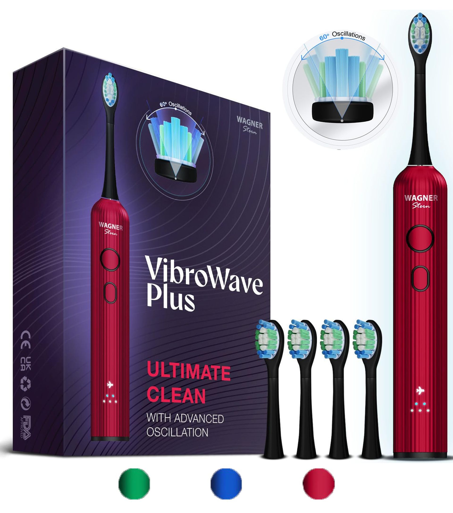 Electric Sonic Toothbrush 3 Cleaning Modes with 4 Brush Heads IPX7 Waterproof - Red Velvet 1 Count
