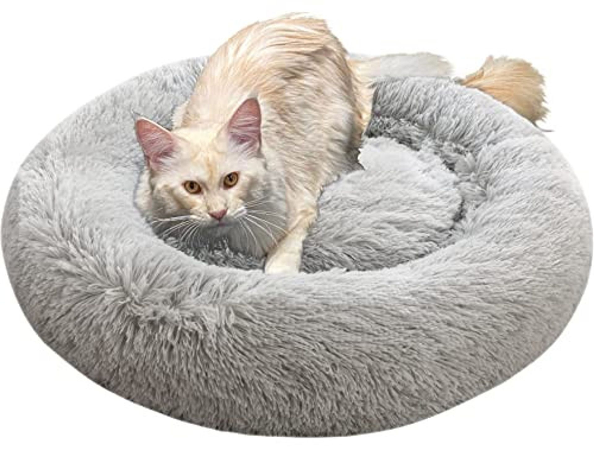 Calming Donut Dog Bed Faux Fur Cushion Anti-Anxiety Washable Cover - Silver XXXL