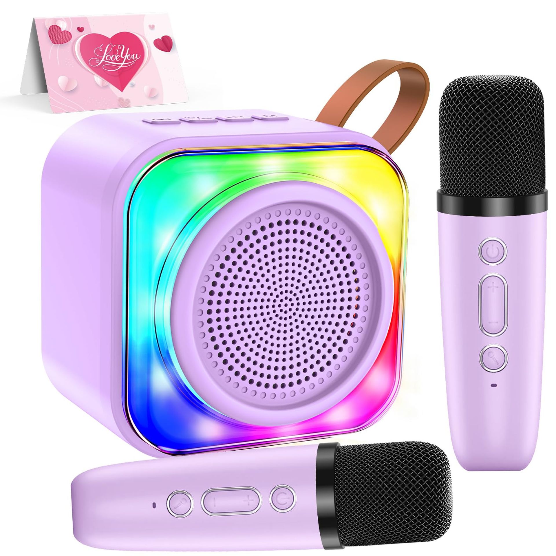Karaoke Machine Portable Bluetooth Speaker with 2 Wireless Microphones, Voice Effects & LED Party Lights - Purple 2 MIC