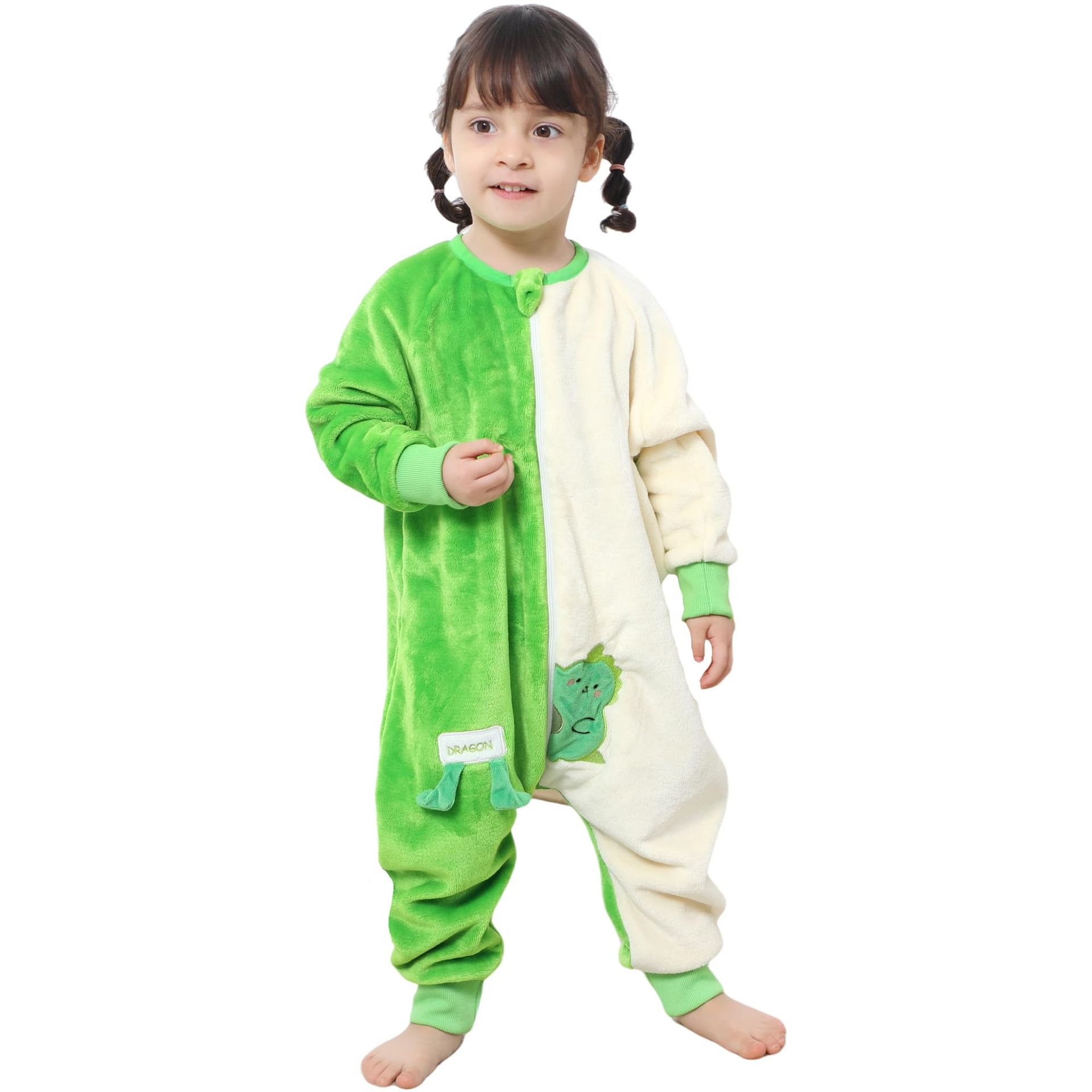 Baby Flannel Long Sleeve Sleeping Bag with Legs Zipper Animal Cartoon Wearable Blanket - Green Dinosaur 9-18 Months