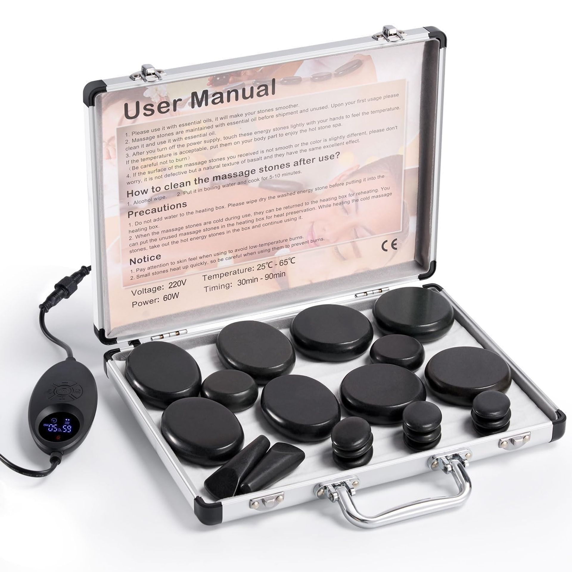 Hot Stone Massage Set 21-Piece with Heater, Timer & Adjustable Temperature Control for Home Spa Therapy - Black