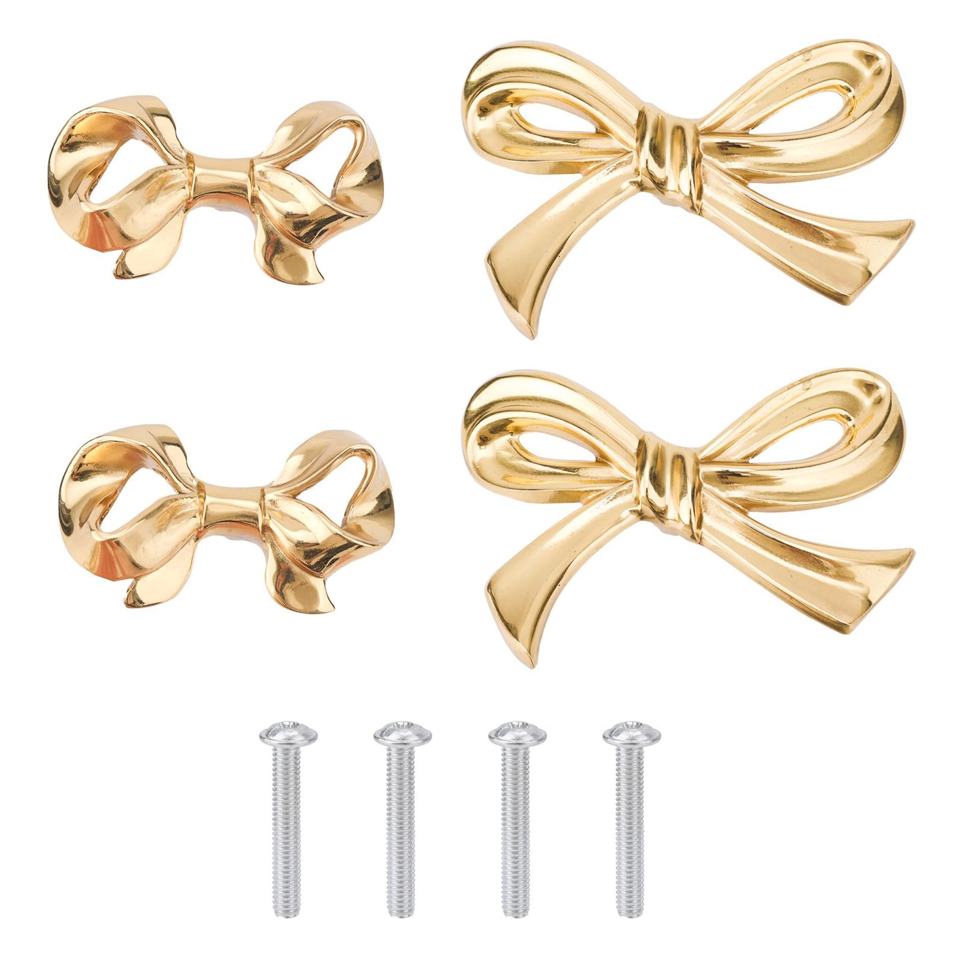 Brass Bow Cabinet Knobs Set 4pcs Vintage Decorative Drawer Pull Handles for Cupboards, Wardrobes & Dressers - Gold Medium