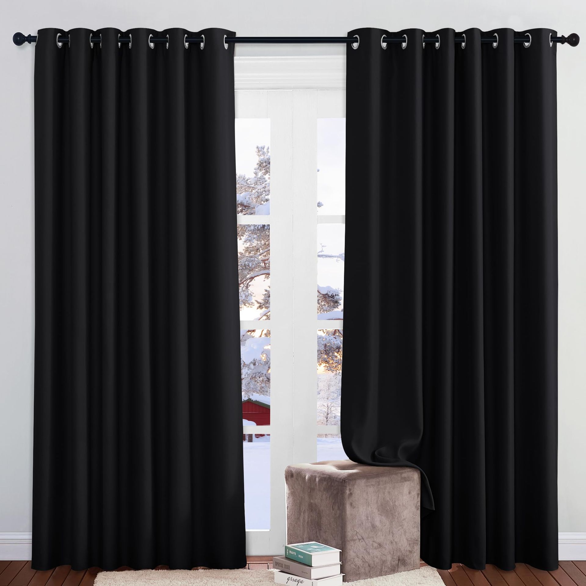 Thermal Blackout Curtains Eyelet Design Light Blocking Energy Saving Drapes for Living Room or Bedroom - Black W80 x L84 Inch