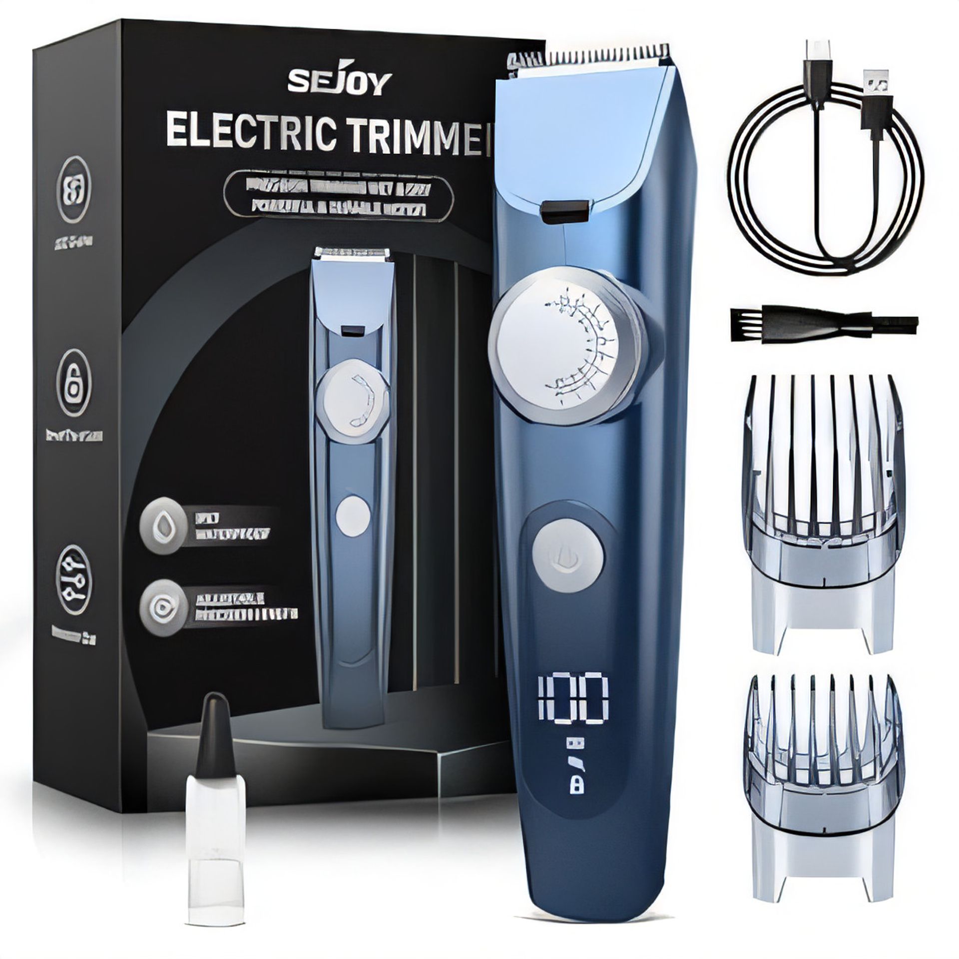Men's Cordless Beard Trimmer Rechargeable Hair Clipper with LED Display and Precision Blades - Blue