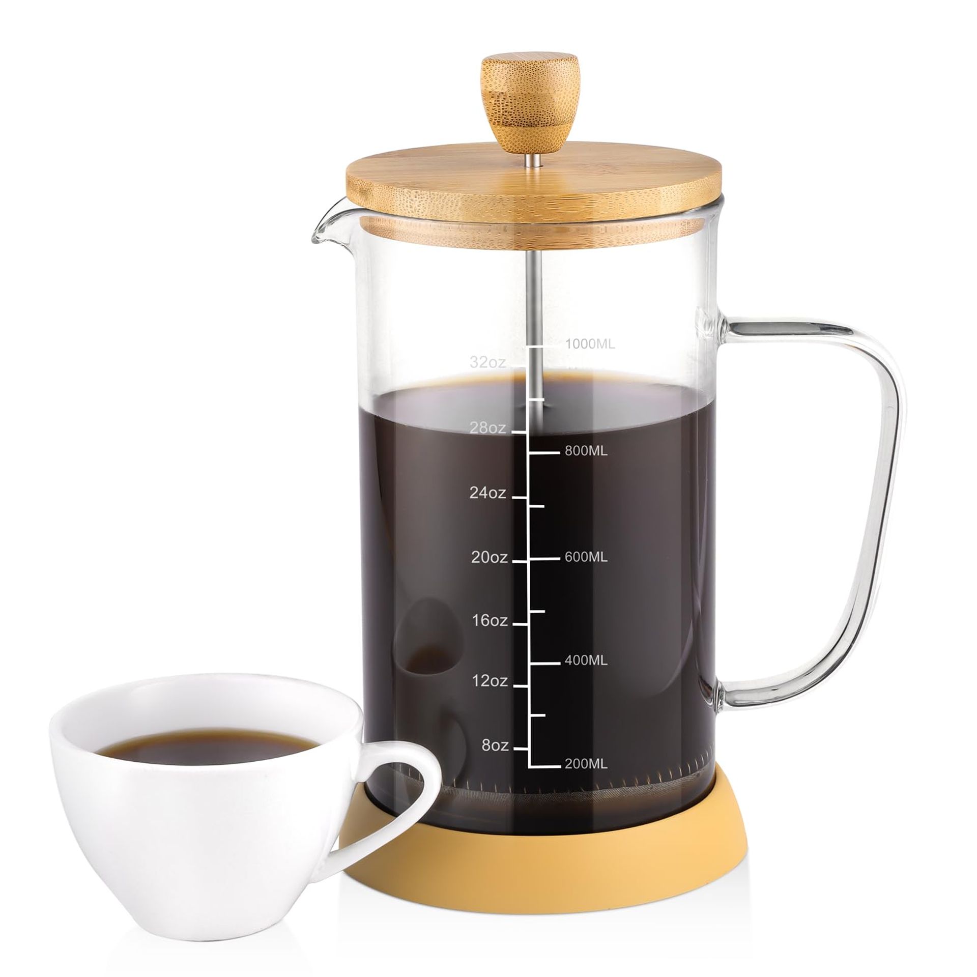French Press Coffee Maker Bamboo Handle 1L Stainless Steel Filter Borosilicate Glass Cafetiere - Silver 1L Plastic Free