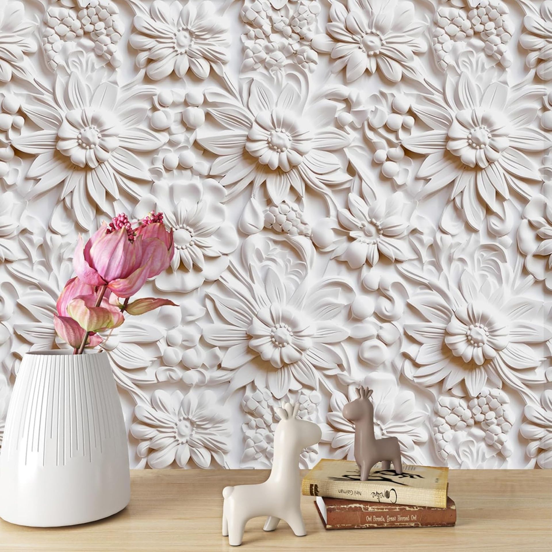 Self Adhesive Wallpaper Embossed Floral Pattern 3D Effect Waterproof Vinyl for Walls and Furniture - White 44.5cm x 7m - Valentines