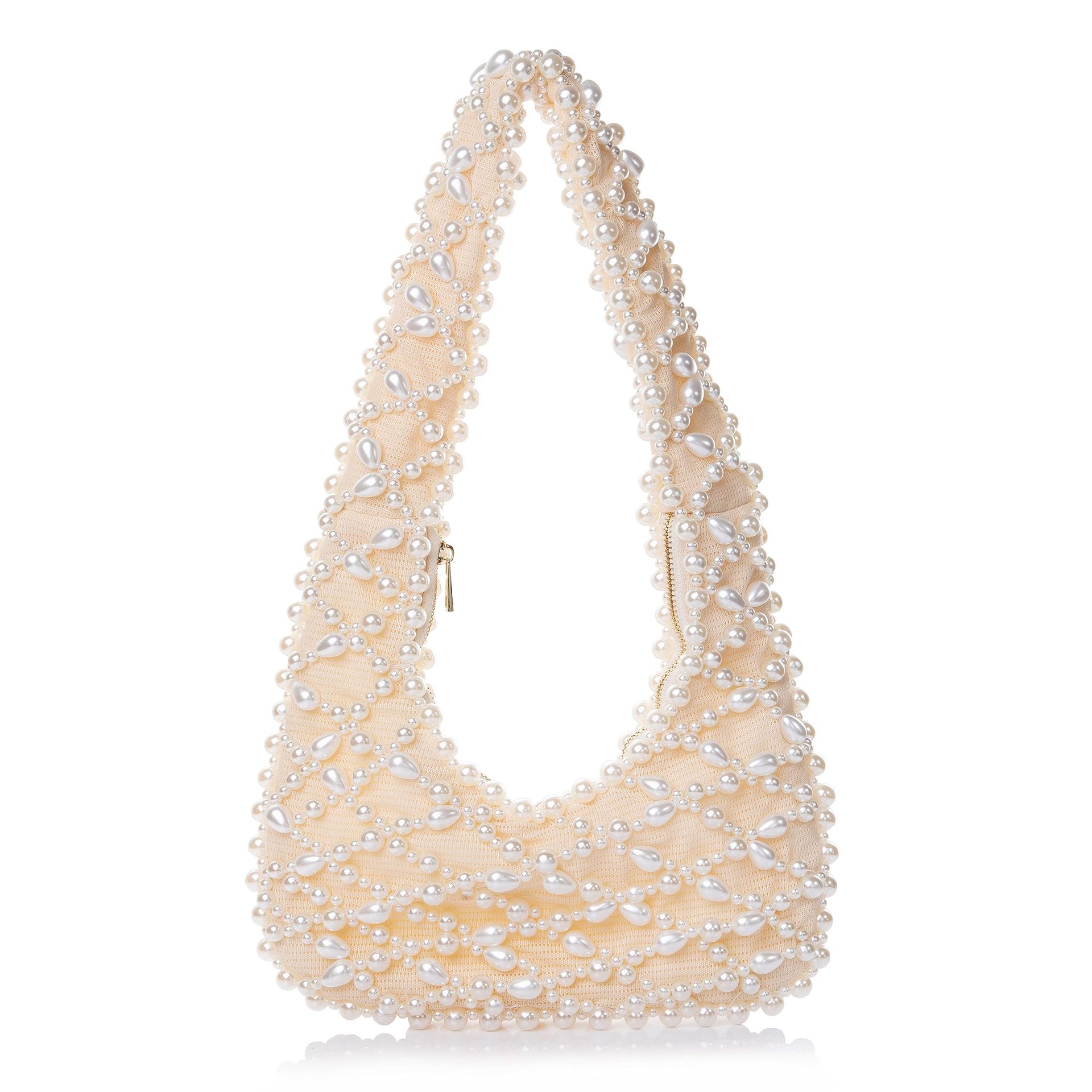 Women's Artisanal Acrylic Pearl Clutch Hand-Beaded Evening Shoulder Bag for Weddings and Parties - Off-white L