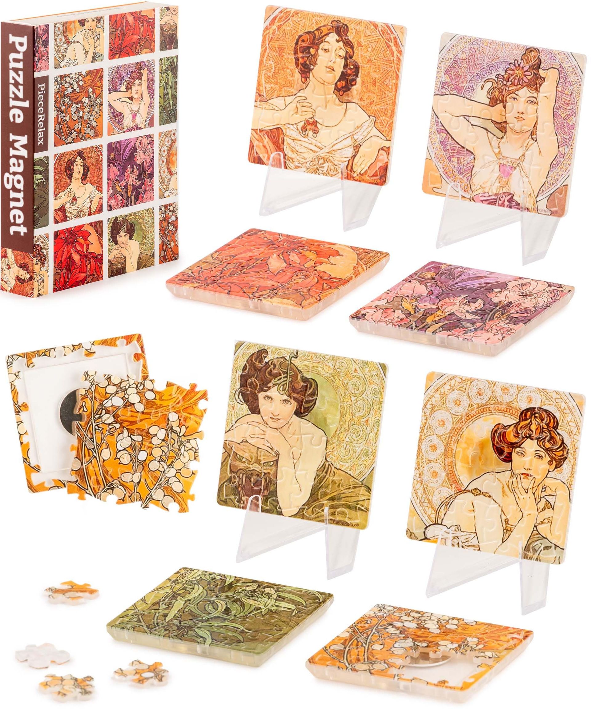 PieceRelax Puzzle Magnet Combo for Adults Gift & Home Décor Set - Alphonse Mucha The Precious Stones 128 - Spring Refresh