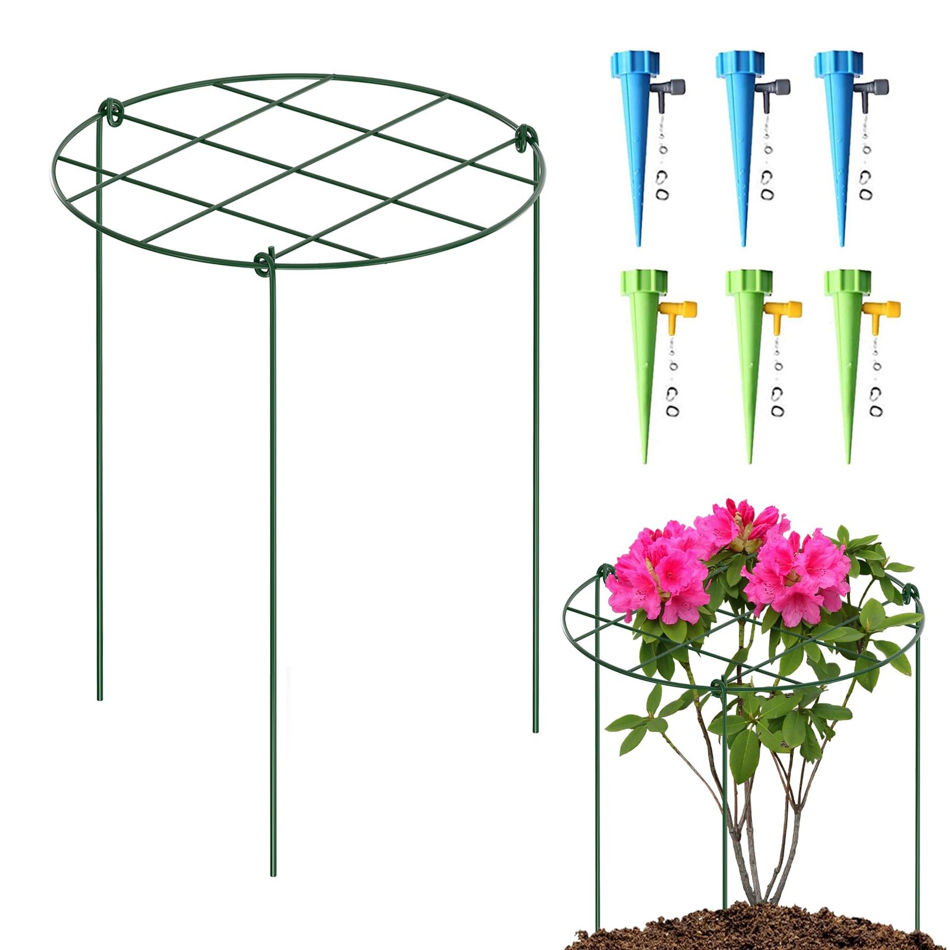 6 Pack Round Grow Through Plant Supports with Self-Watering Spikes & Adjustable Legs for Dahlias, Lupins & Garden Flowers, 41x30cm