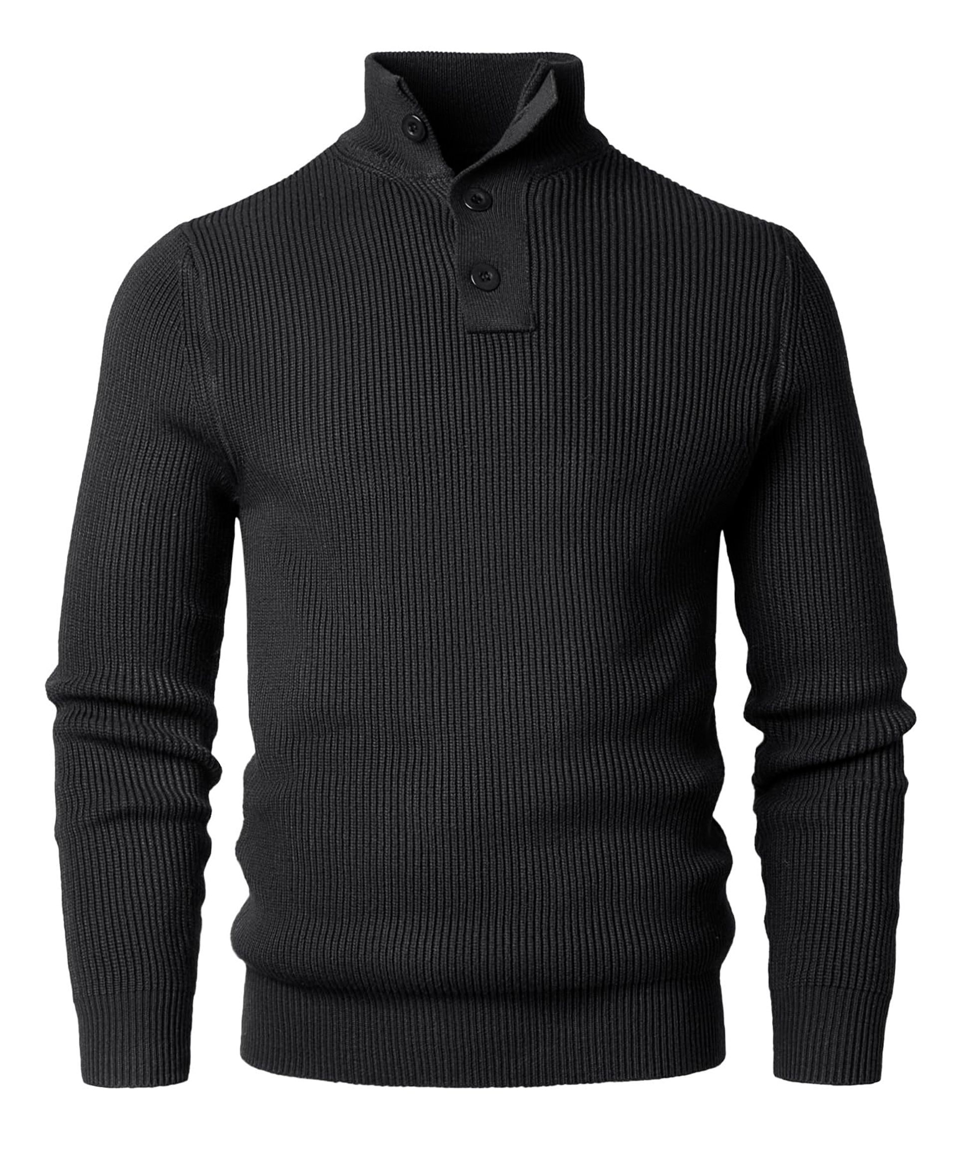 Men's Knitted Jumper Long Sleeve Pullover with Button Neckline Winter Knitwear - Black XL