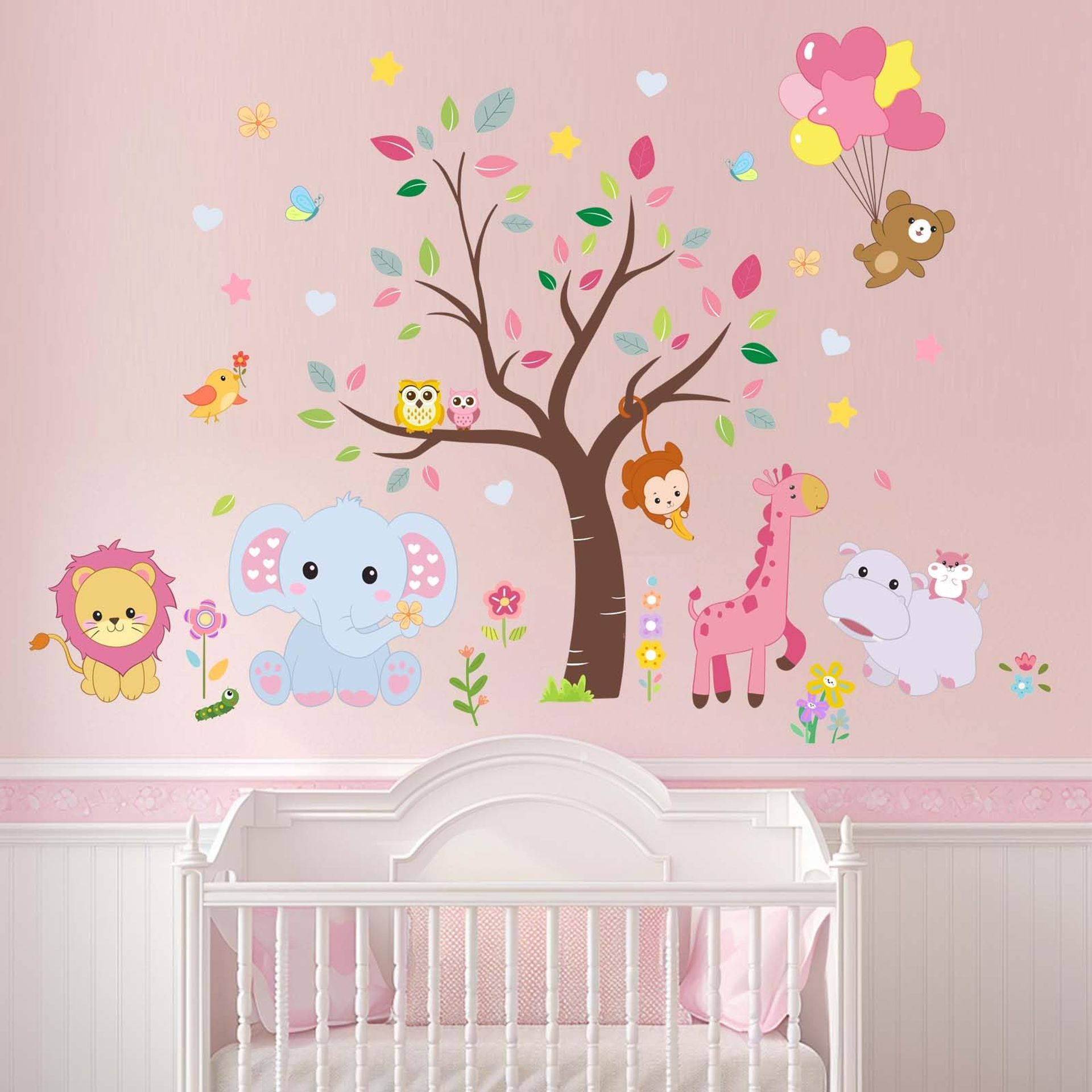 Animals Wall Stickers for Girls Kids: Peel and Stick Pink Lion Elephant Monkey Hippo Wall Decals - Wall Decor Art Kids Supplies Ages 1-12 Years