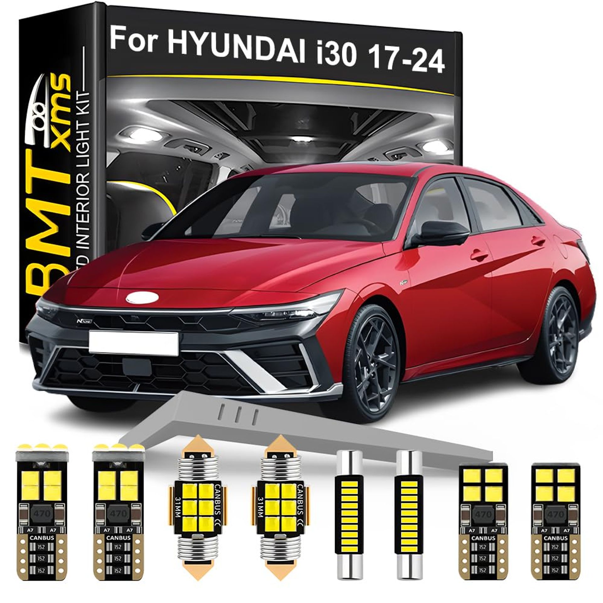 Car LED Interior Light Kit Replacement for Hyundai i30 PD 2017-2024 12 Pieces 6000K Bright White - Cool White Style