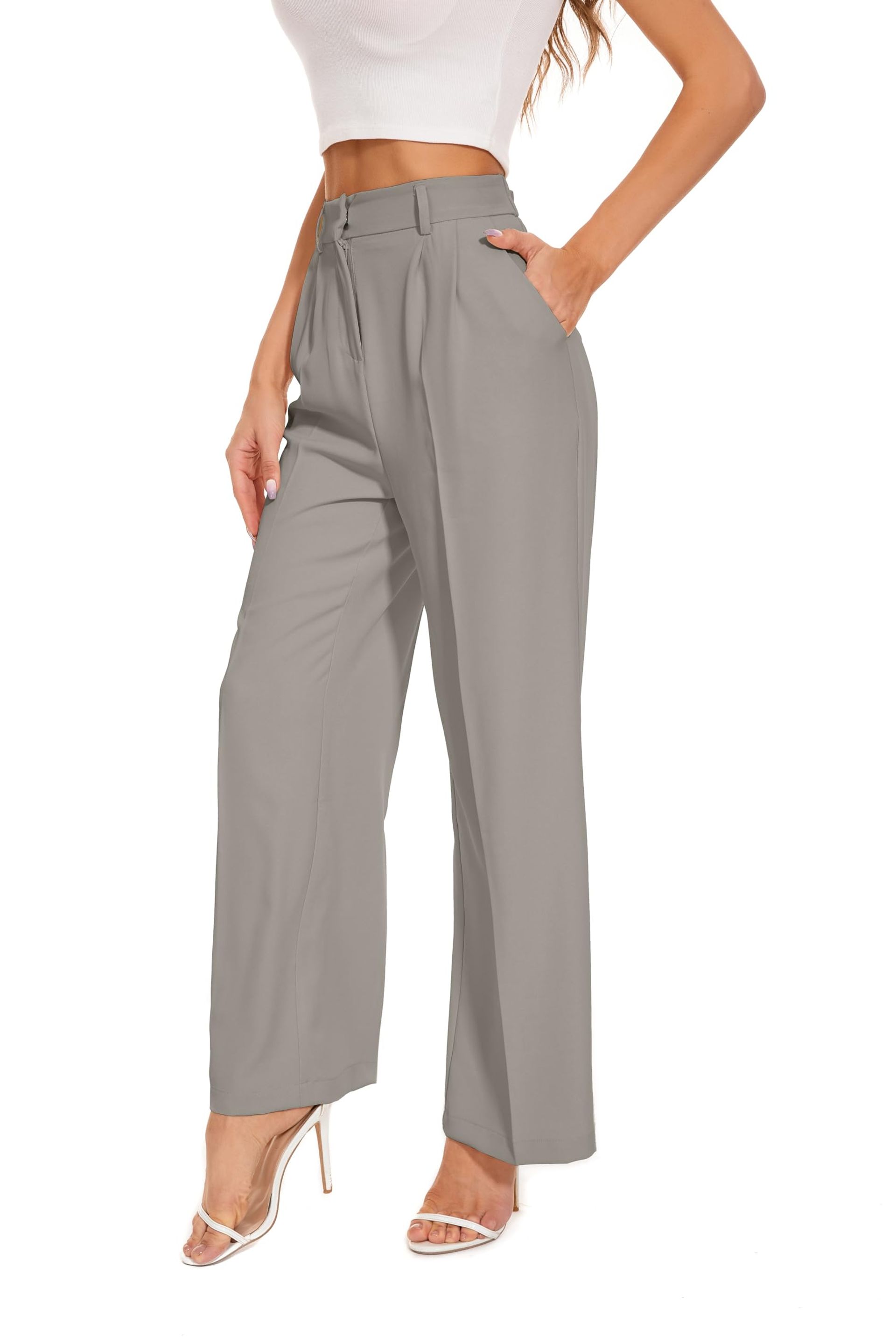 Women's Wide Leg Trousers High Elastic Waist Back Pleated Front Business Work Pants - Light Grey L Short
