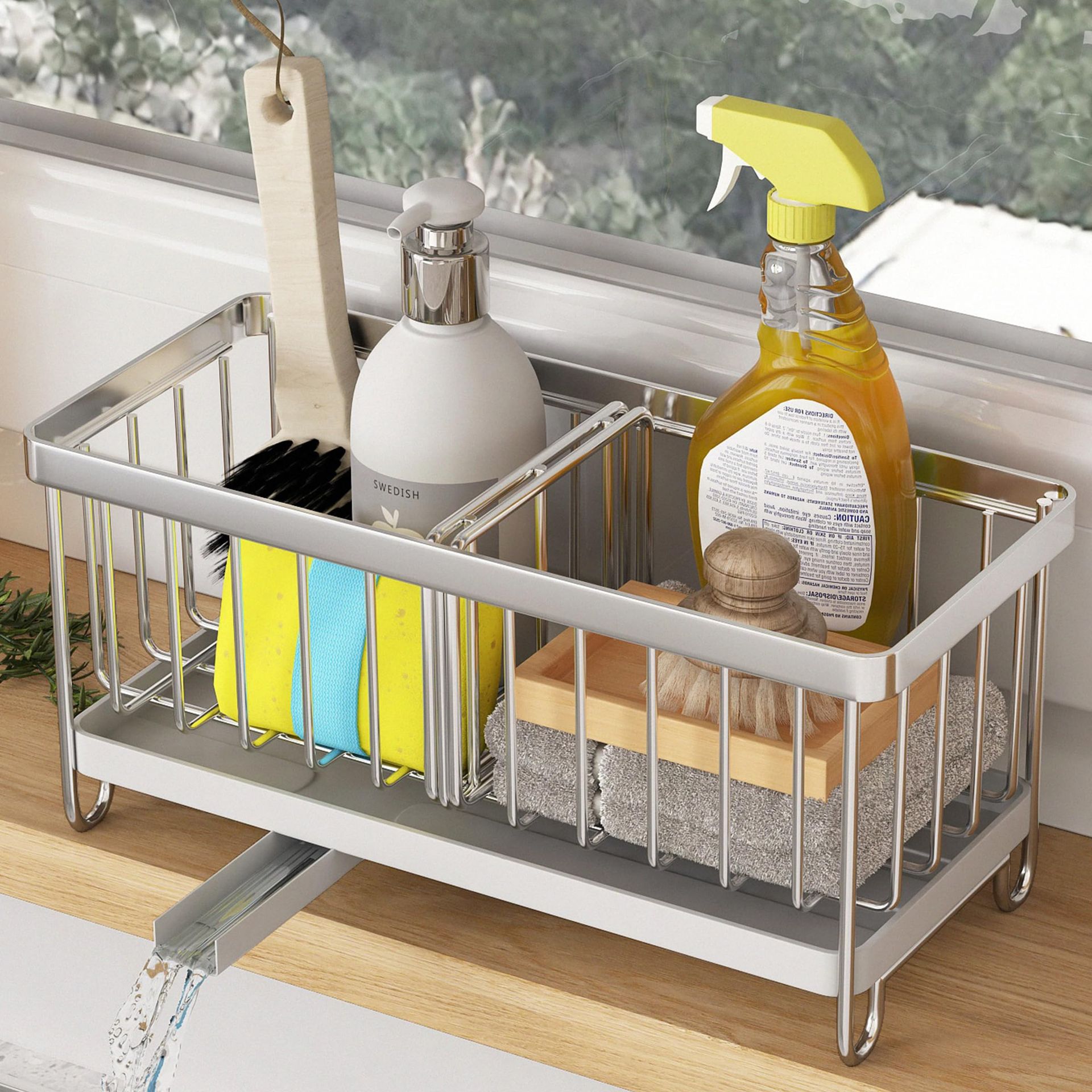 Kitchen Sink Caddy Organiser with Removable Drain Tray and Diversion Drainage, Black