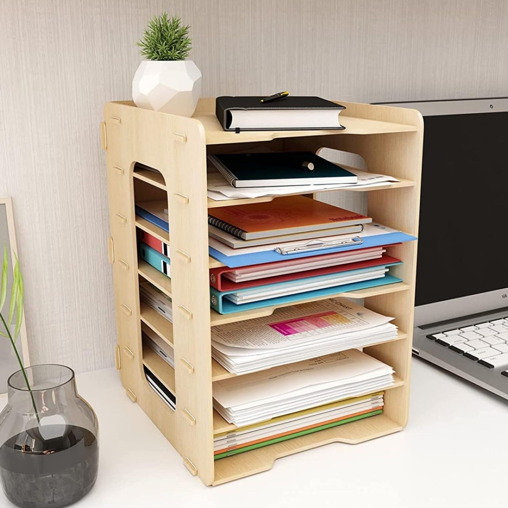7-Tier Wooden Desk Paper Organiser with Stackable A4 Trays & File Storage