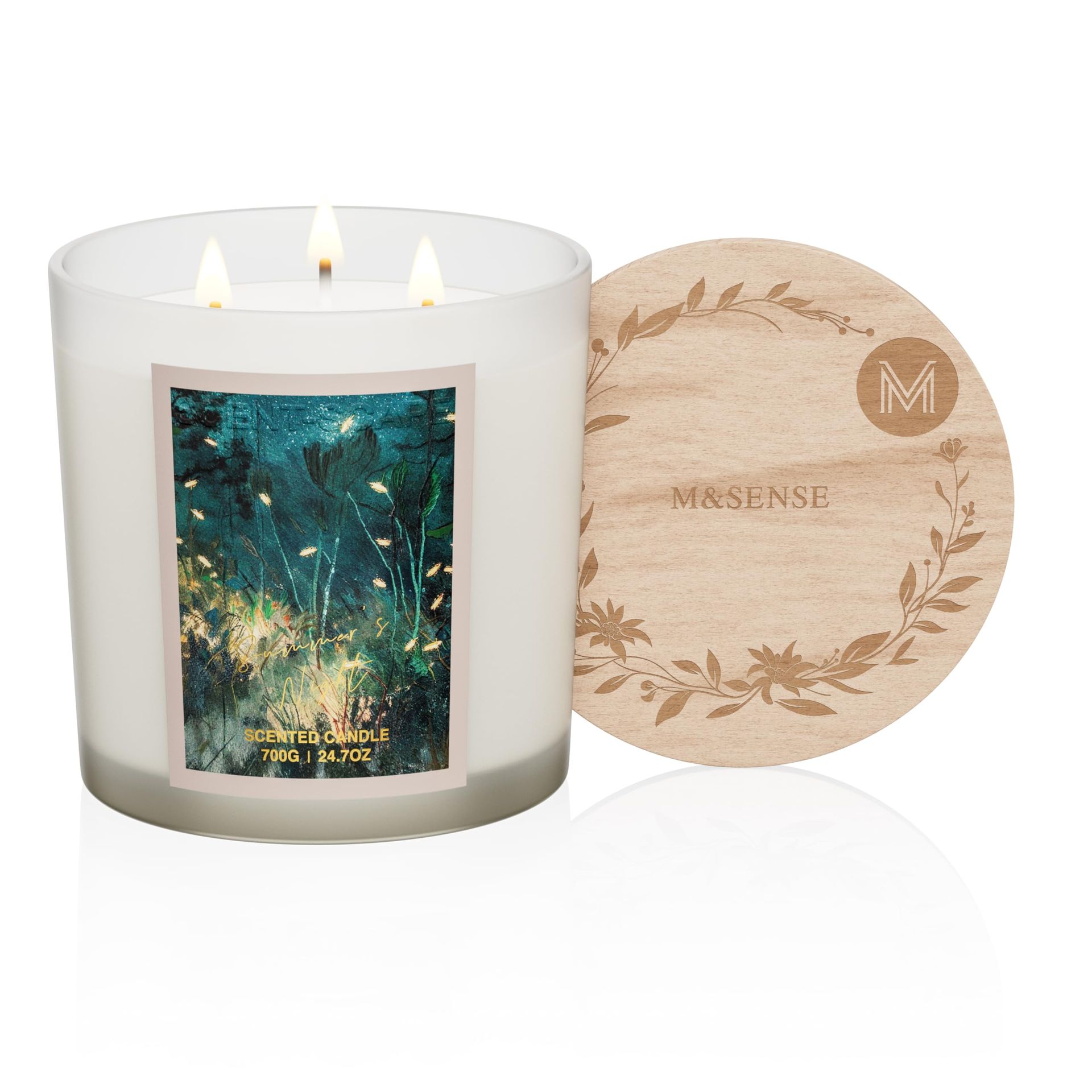 Large Scented Candle 3 Wick Soy Wax Jar with Wooden Lid 120hr Burn - Multicoloured Summer's Night - Valentines