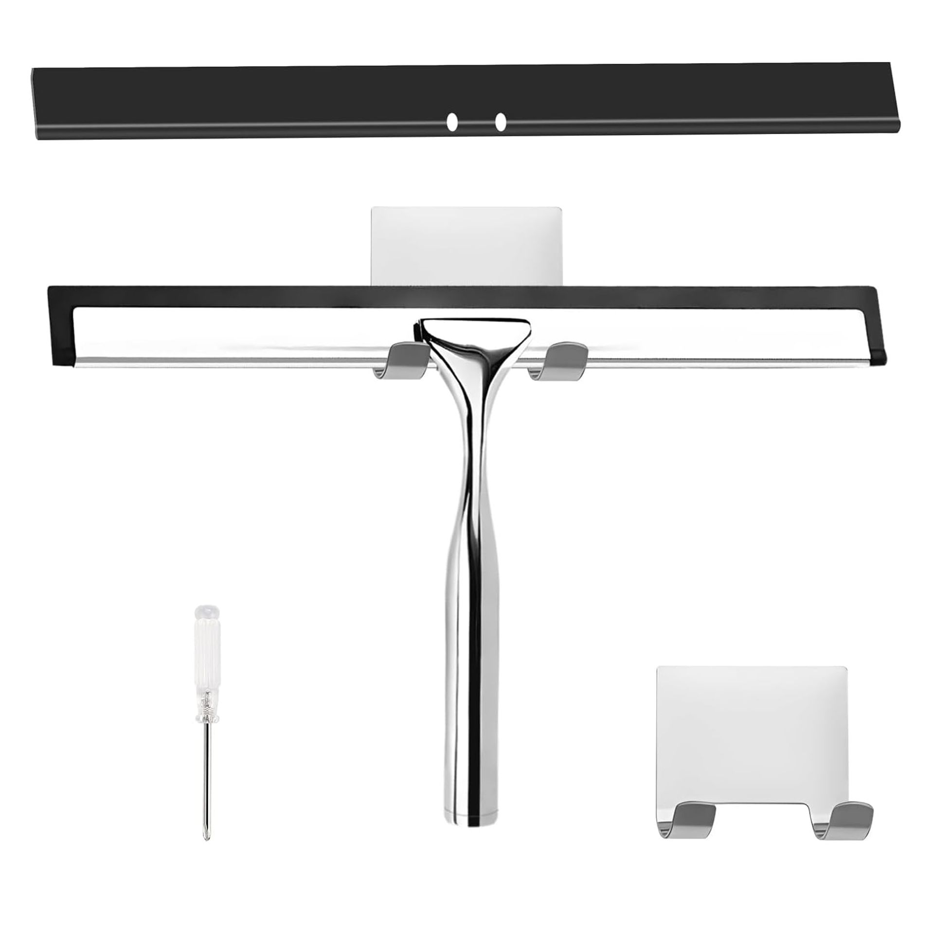 Stainless Steel Shower Squeegee 10 Inch with Suction Holder for Glass Doors, Mirrors and Windows - Silver 25.6x16.5 cm