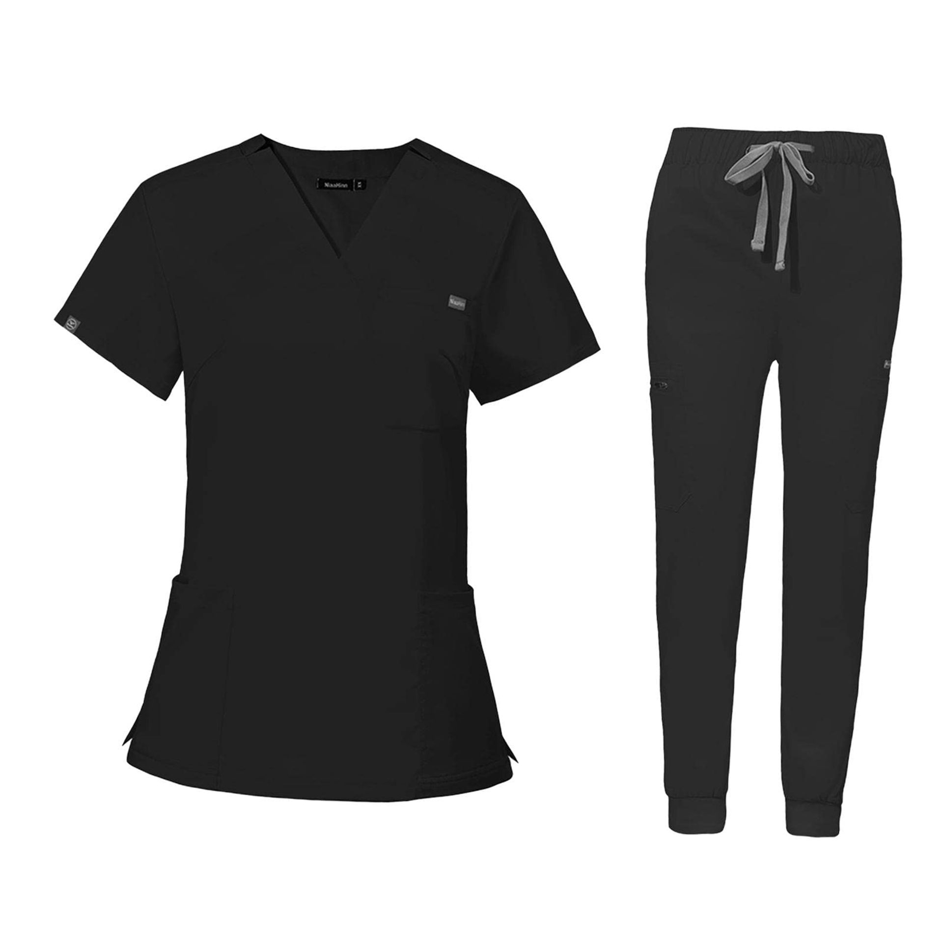 Women's Nursing Scrub Set with Pockets - V Neck Top & Trousers Black L