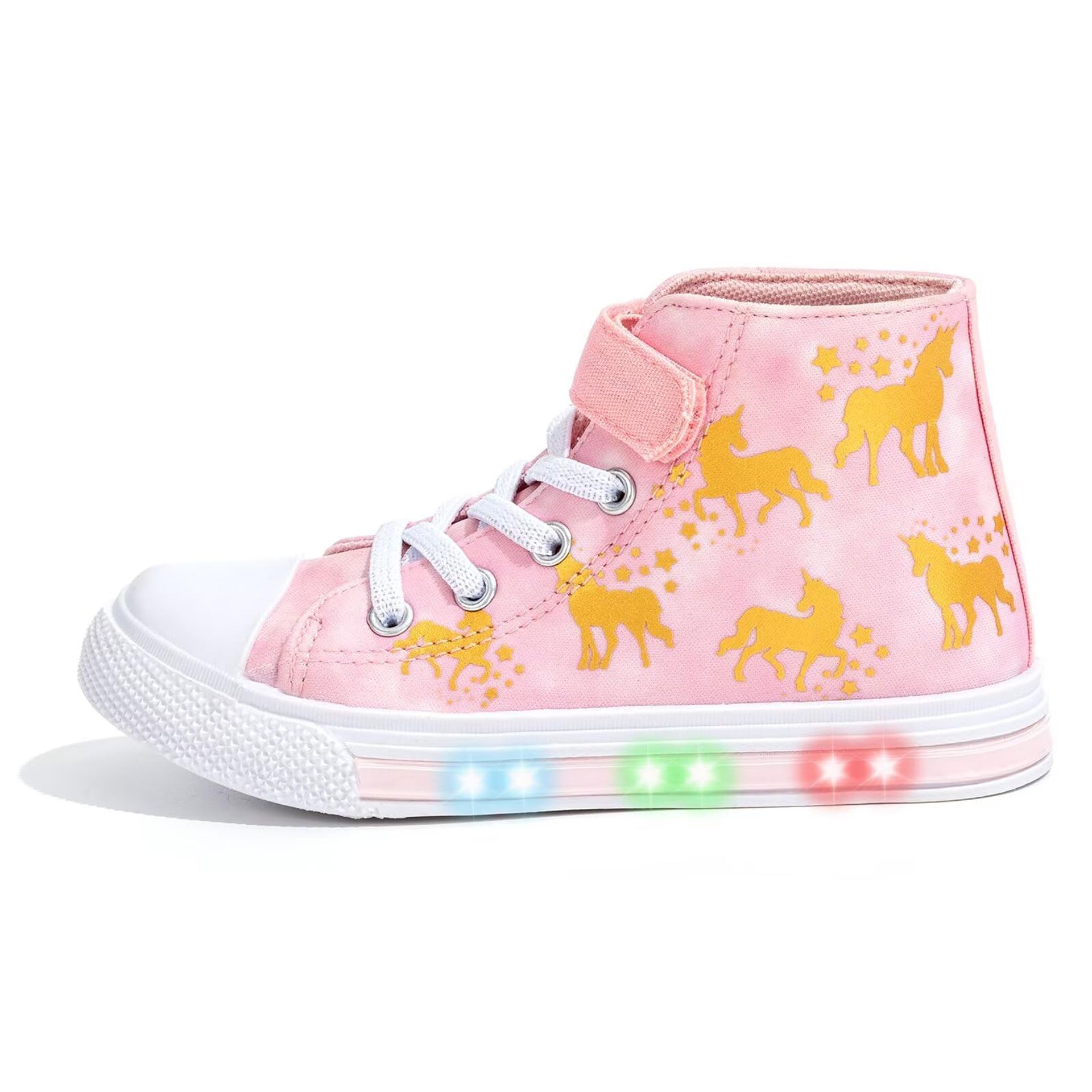 Kids Light Up Trainers High Top Flashing Canvas Shoes Easy On Design - Pink Gold Unicorn 6 UK Child