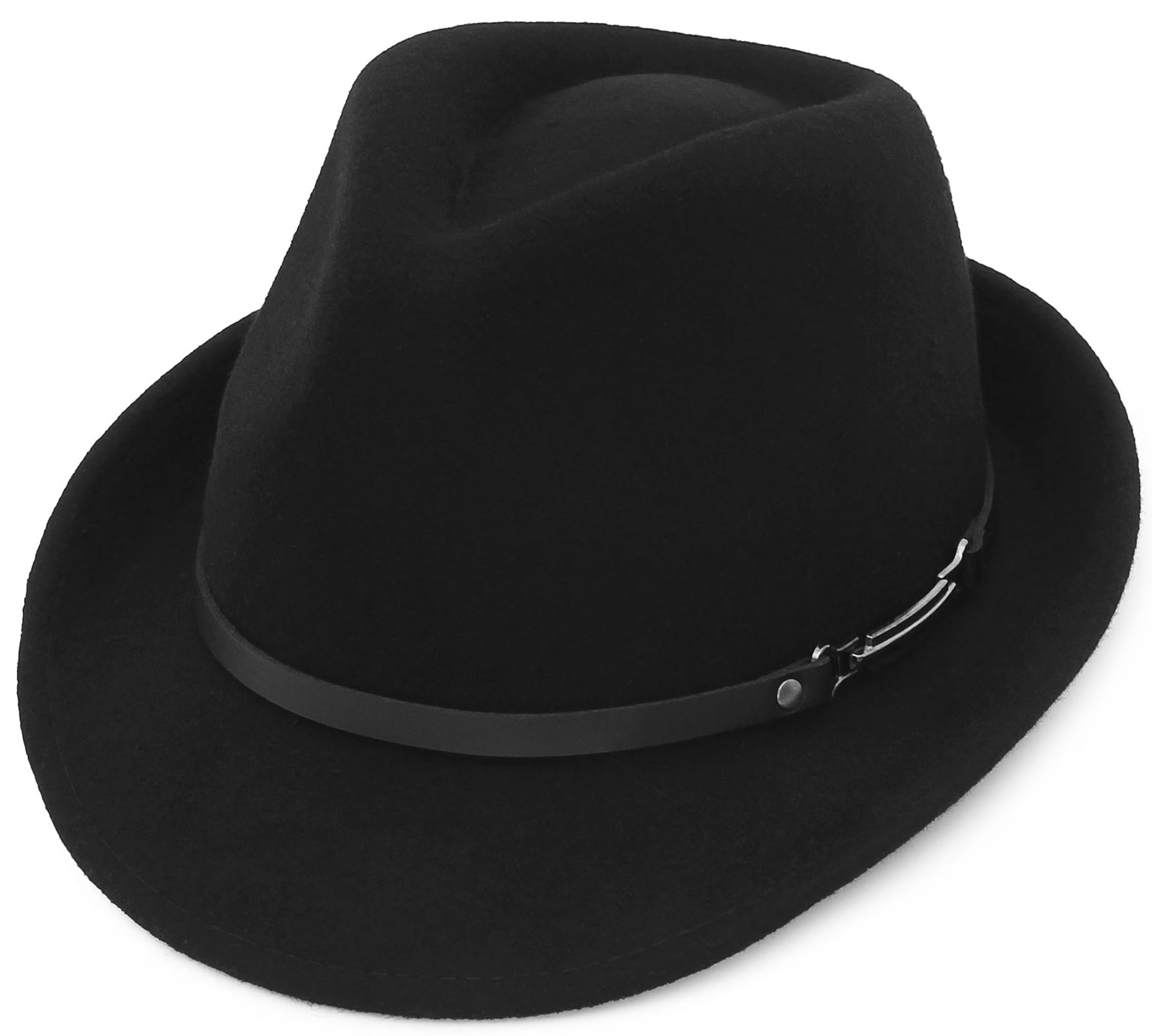 Men's 100% Wool Fedora Hat Classic Trilby Panama Style Short Brim - Black-B 7-7 1/4