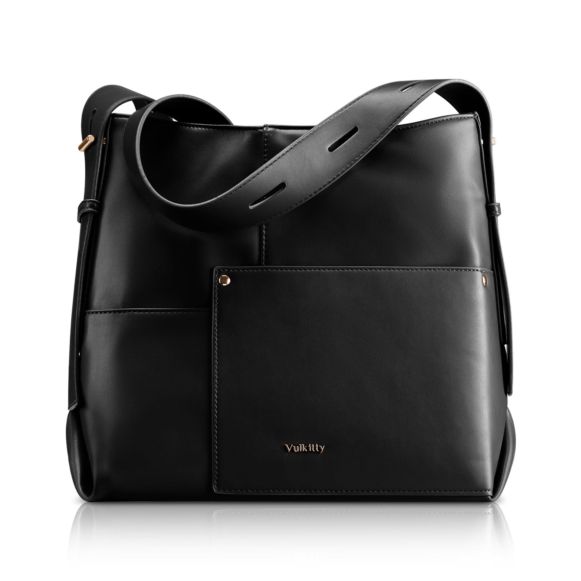 Women's Vegan Leather Shoulder Bag with Adjustable Strap & Large Capacity - Black