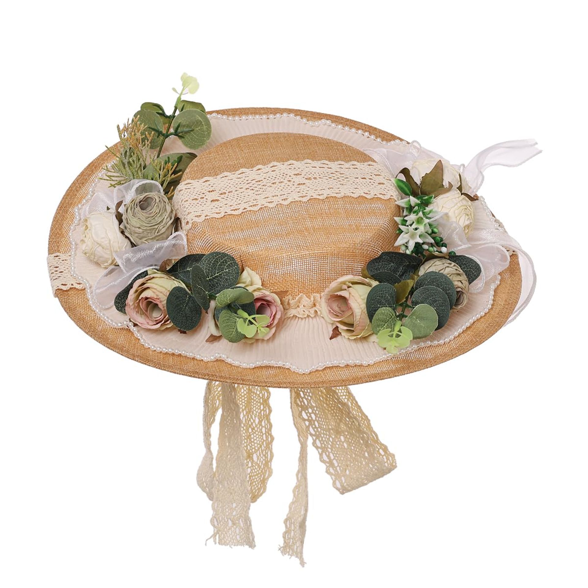 Women's Tea Party Sun Hat with Lace Ribbons Elegant Straw Design - Grey One Size