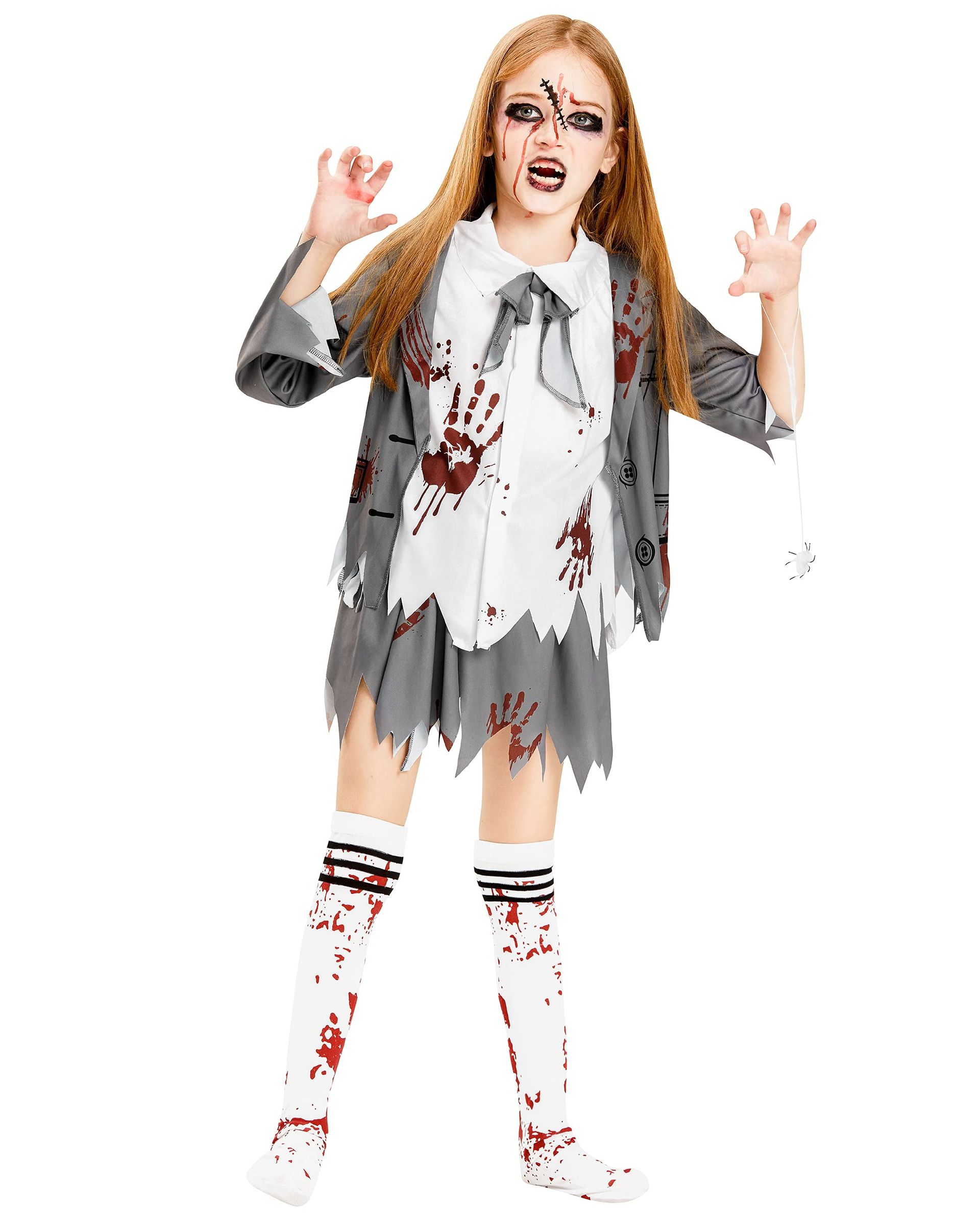 Girls Zombie School Costume 3 Piece Bloody Student Halloween Fancy Dress Outfit - Girls Student 7-8 Years