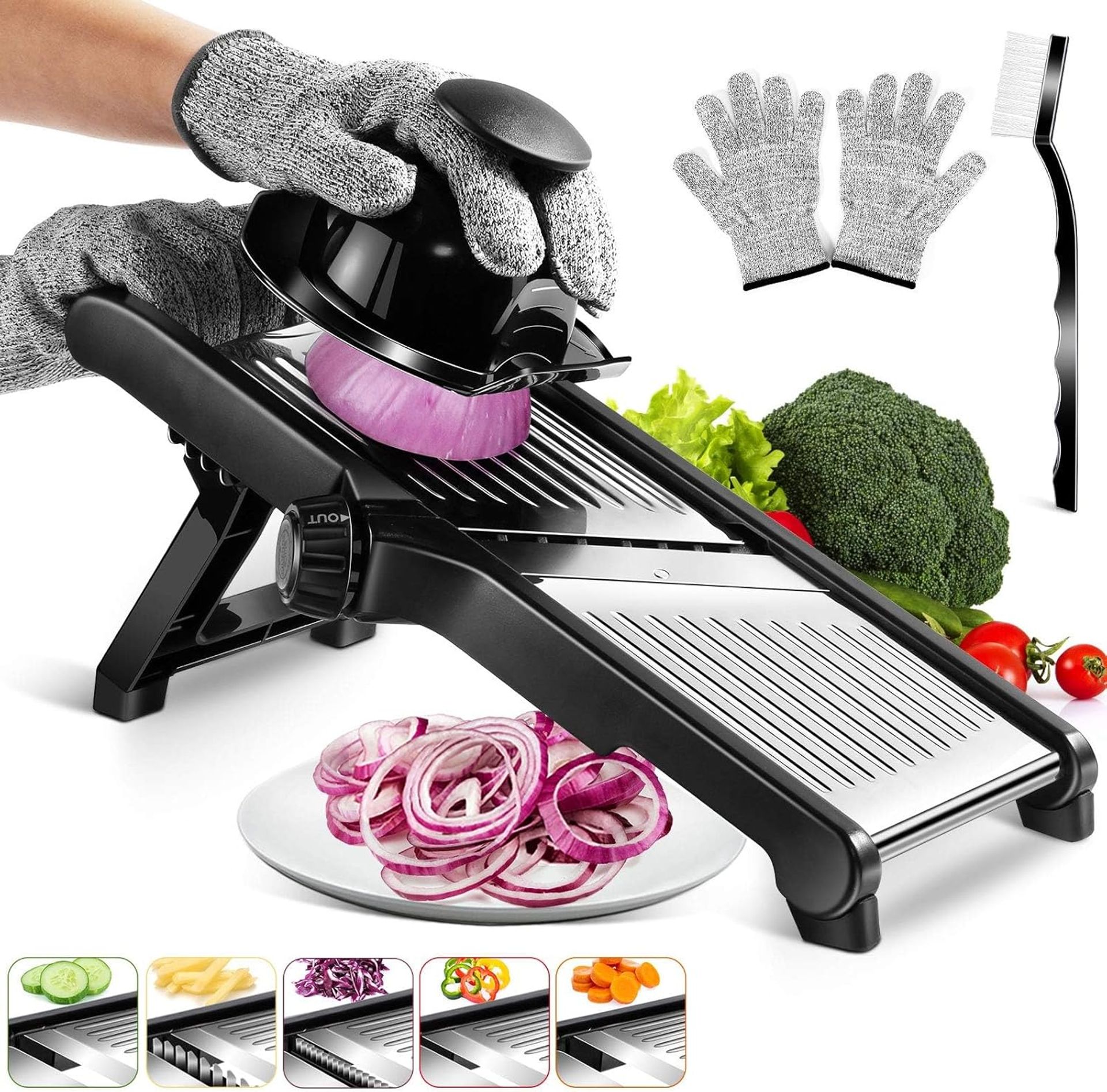 3-in-1 Mandoline Food Slicer with Adjustable Stainless Steel Blades, Safety Gloves & Cleaning Brush for Easy Vegetable Prep