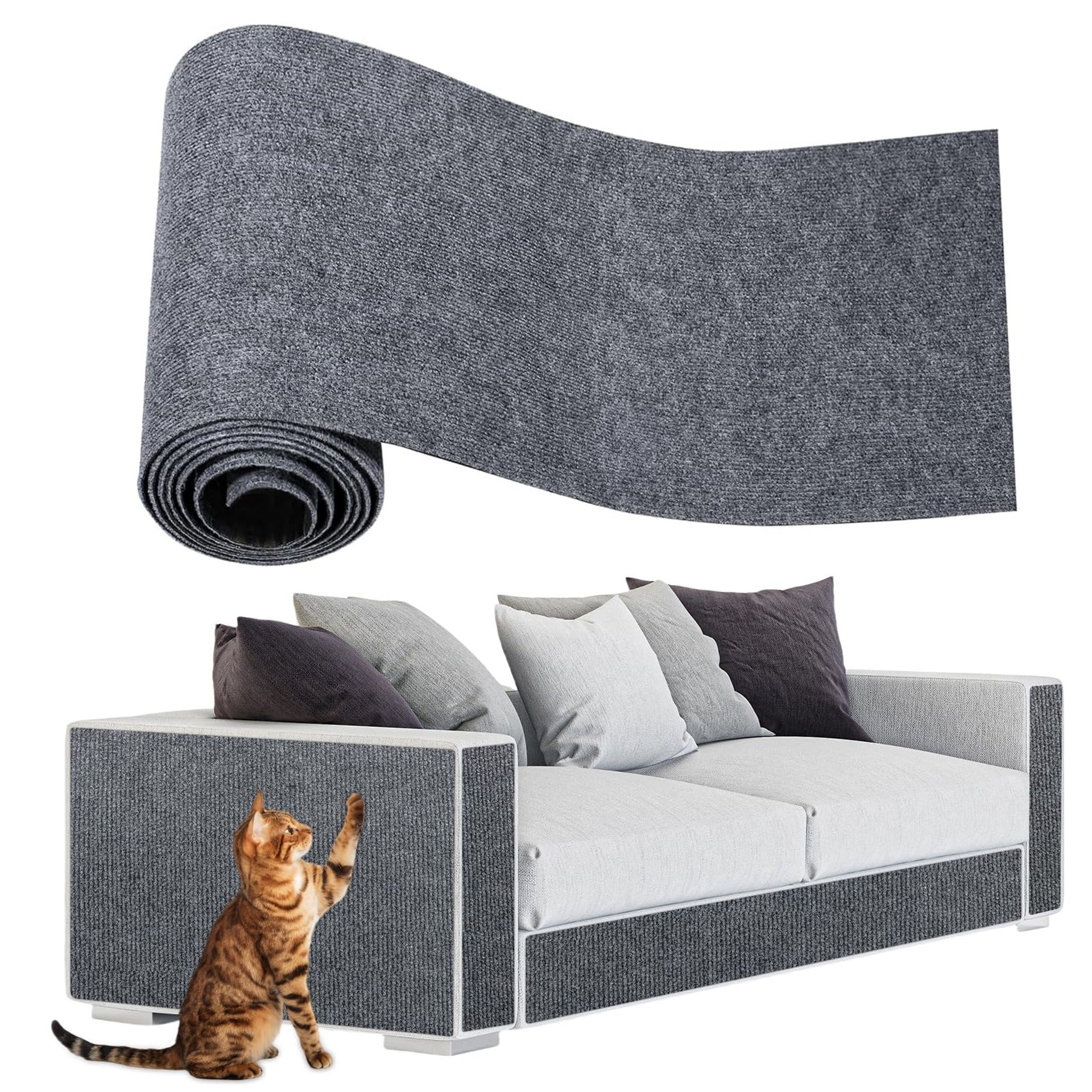 Cat Scratching Mat with Self-Adhesive, Furniture Protector for Sofa & Carpet, Reusable Anti-Scratch Shield for Pets - Grey 15.7" x 78.7"