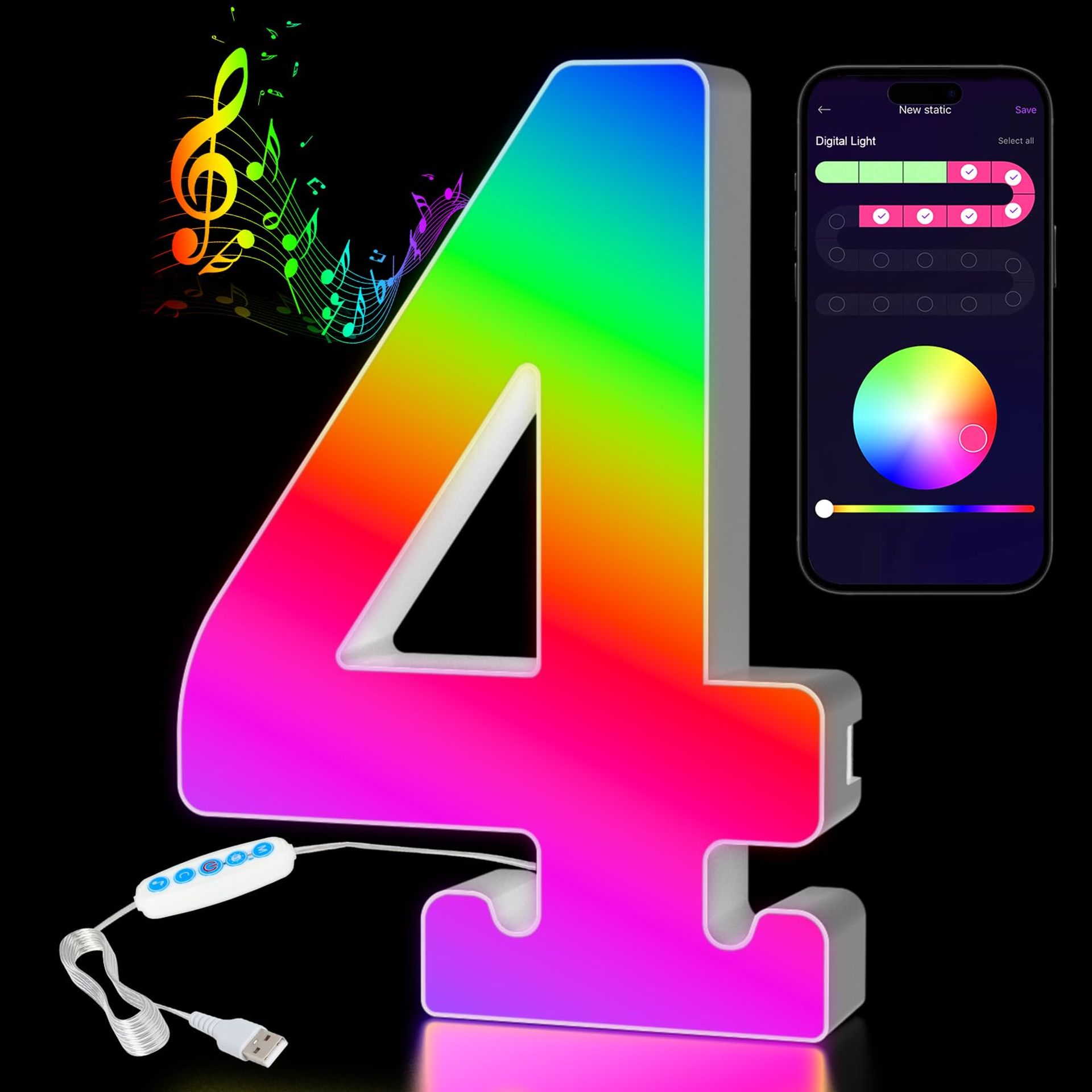 LED Number Lights USB Powered, Colour Changing APP Control, Party & Home Décor - Ideal Gifts for Girls & Women