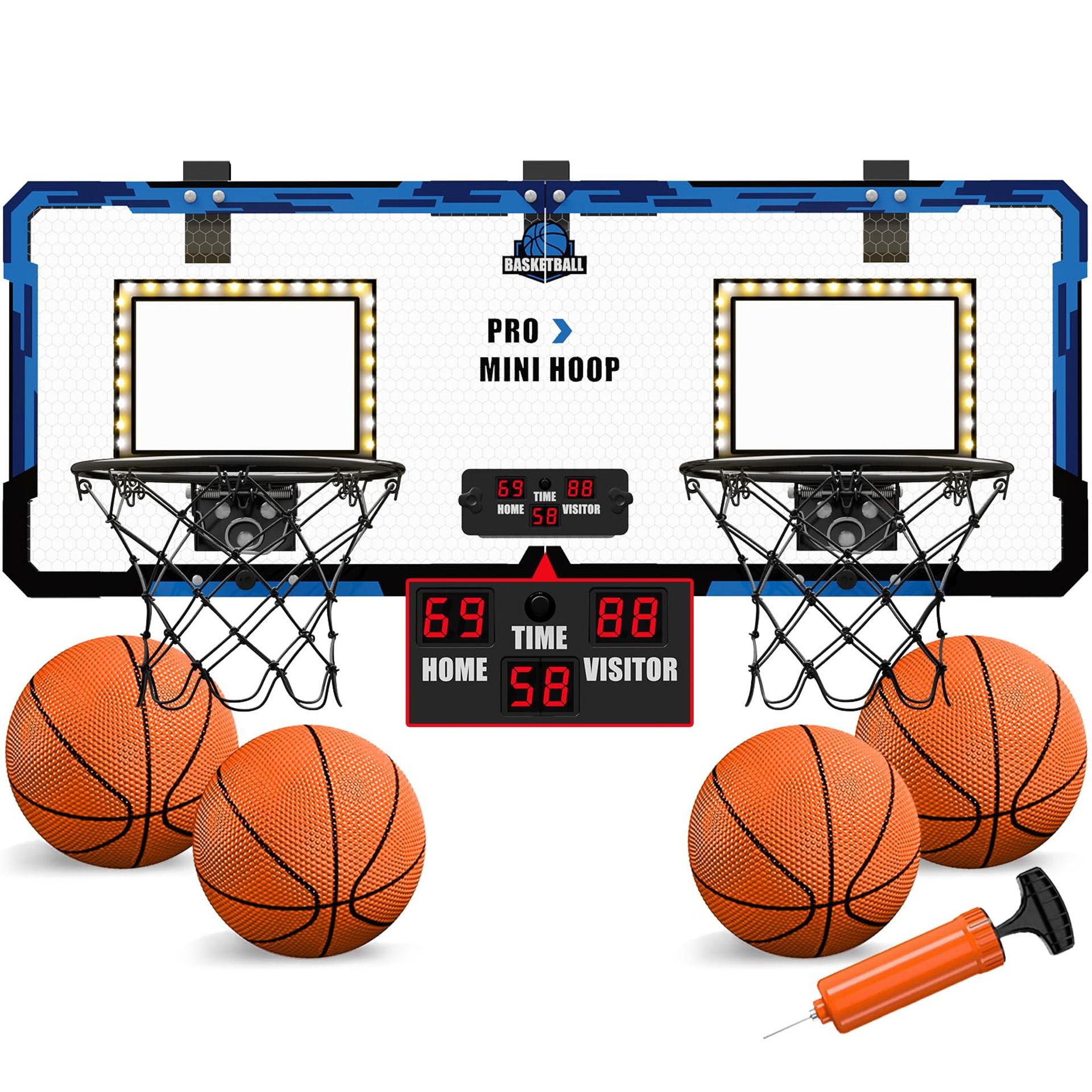 Dual Basketball Hoop for Kids 2 Player Indoor Mini Game with LED Lights, Scoreboard, 4 Balls & Pump - Gold Blue with Lighting