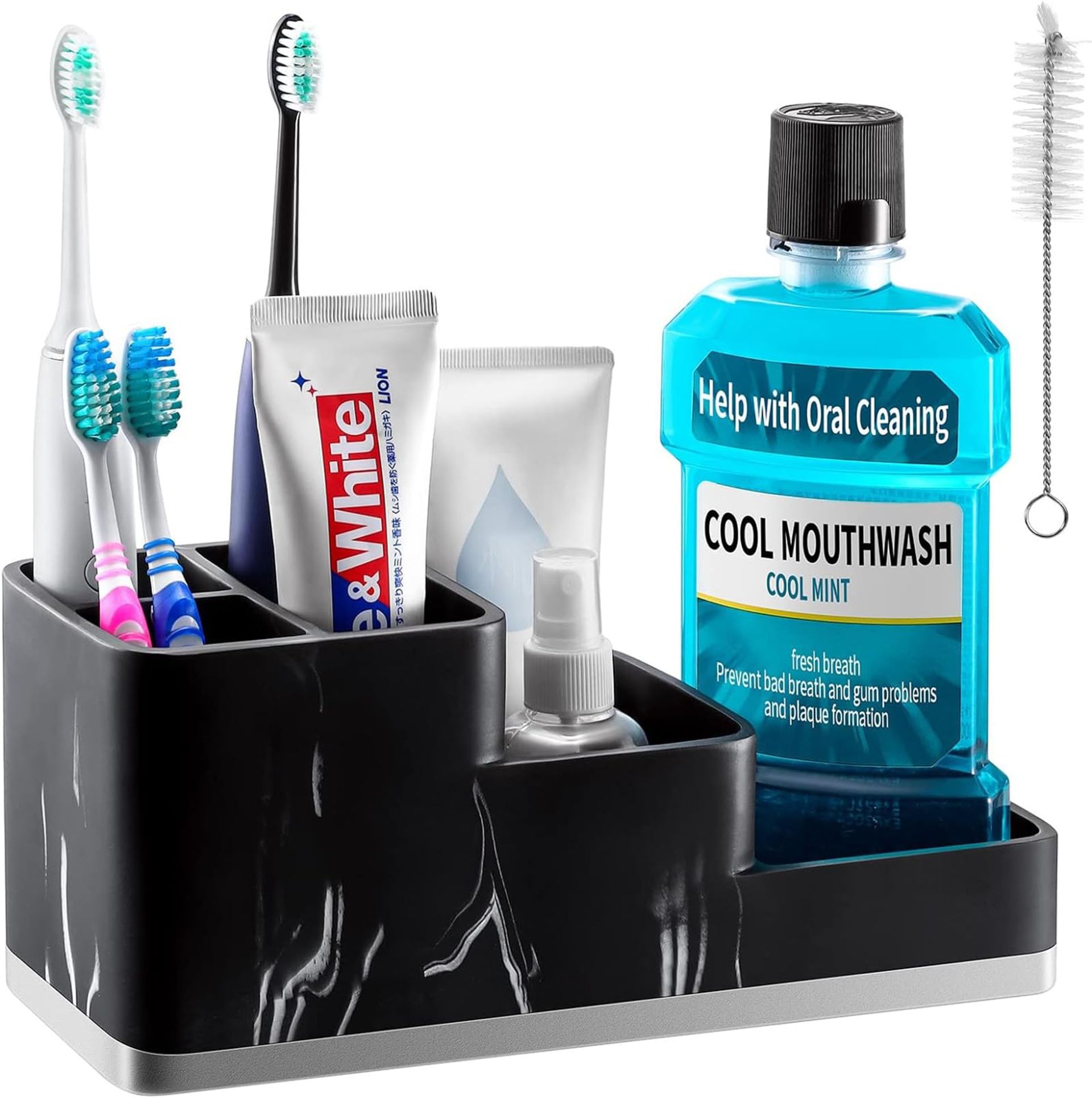 Black Marble Toothbrush Holder with Drainage - 5 Slot Bathroom Organiser Caddy