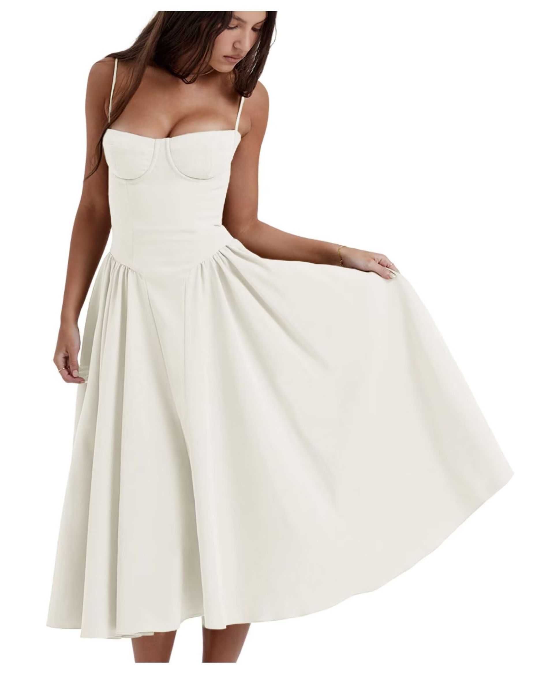 Women's Summer Vintage Long A-Line Dress with Straps and Pockets - White S