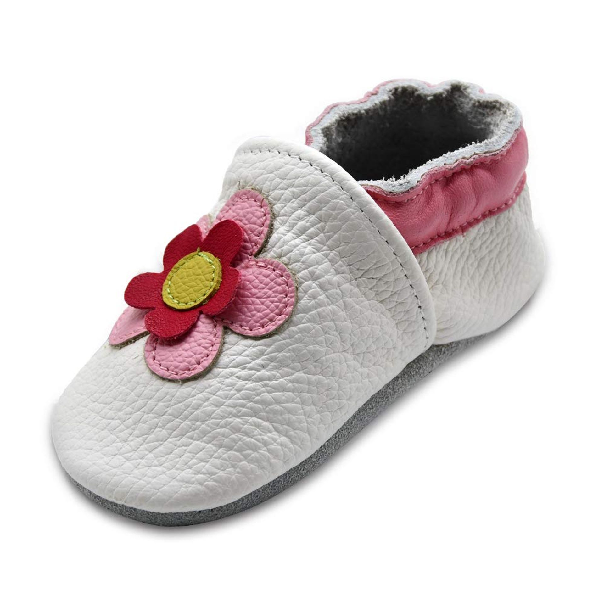 Baby Leather Prewalker Moccasins Soft Sole Non-Slip First Walking Shoes - White Flowers 18-24 Months