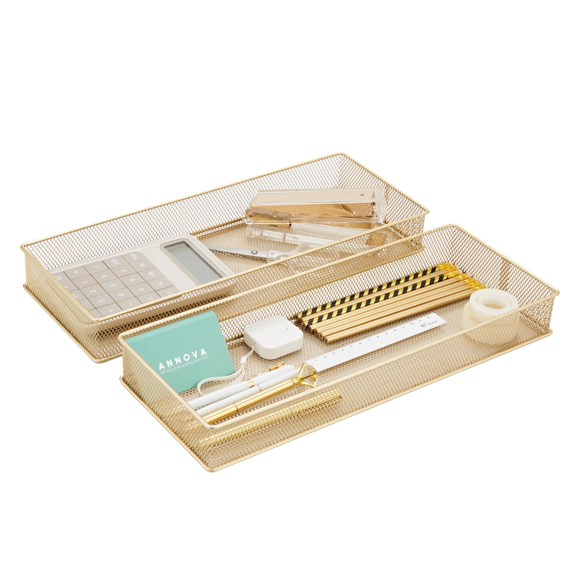Mesh Drawer Cabinet and Shelf Organiser Bins Storage Basket Set of 2 for School or Office - Gold 38x15x5 cm