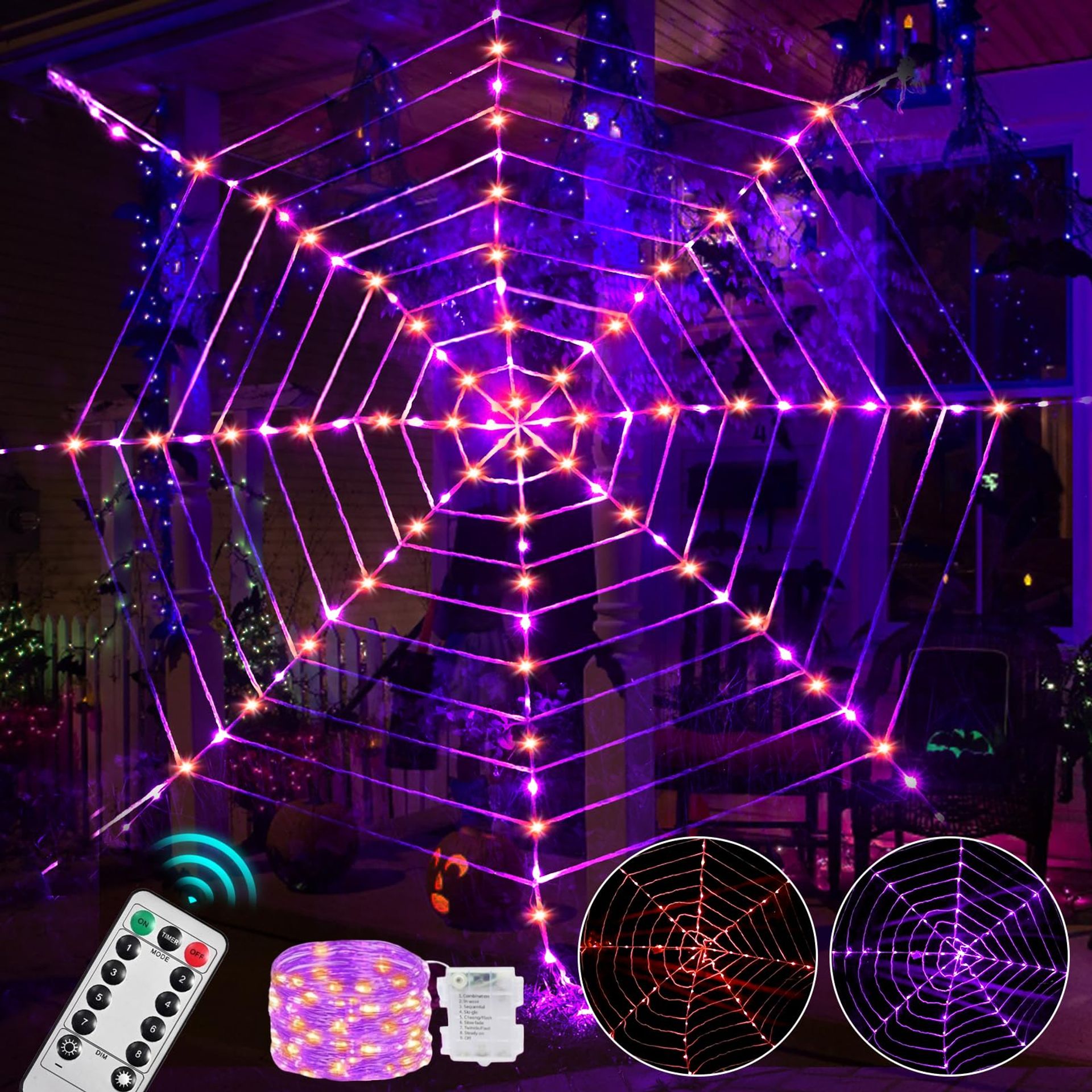 Halloween Spider Web LED Net Lights 114 LEDs with Remote Control, 8 Modes & Timer for Indoor Outdoor Décor - Purple and Orange 3.6m
