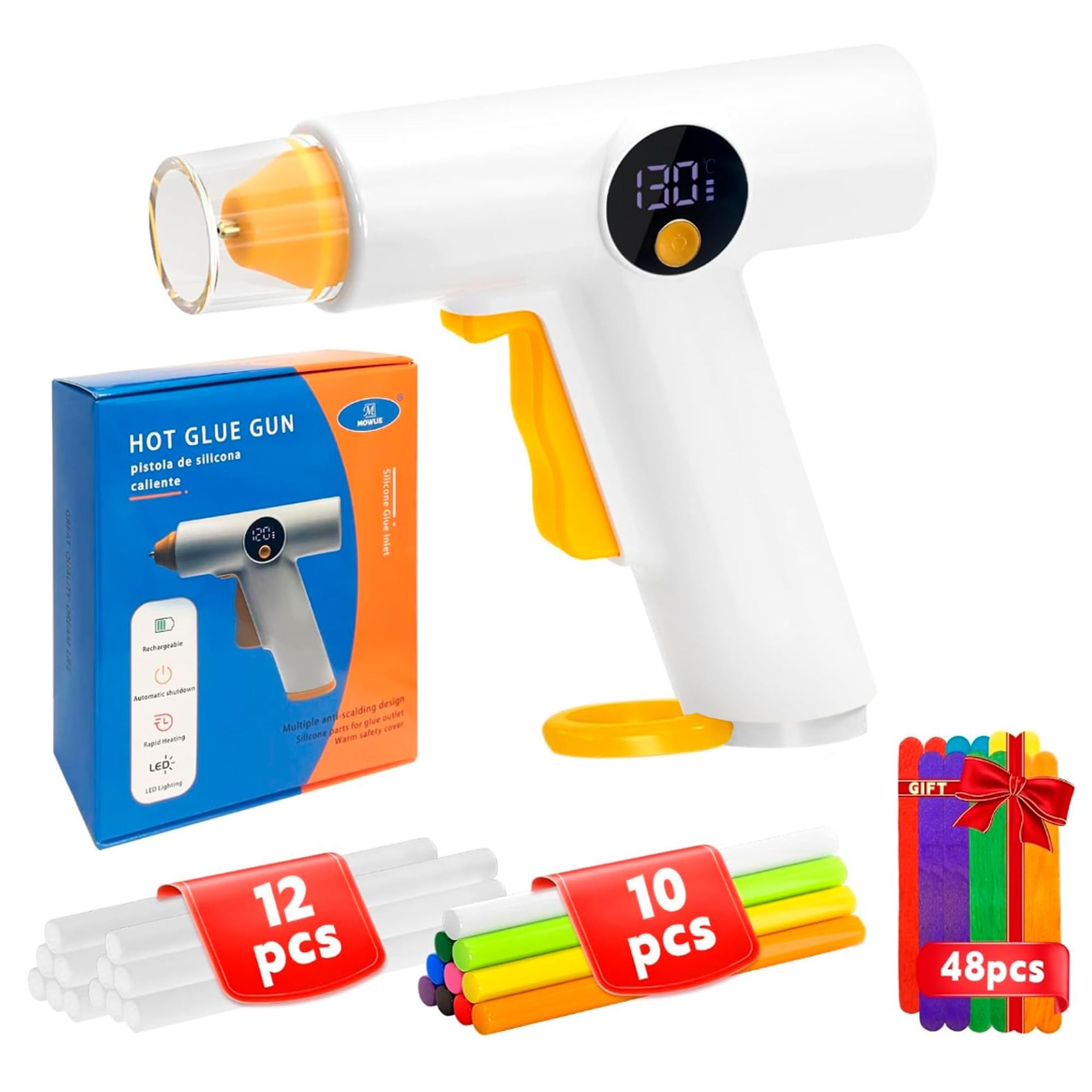 Cordless Hot Glue Gun Kit 2500mAh Rechargeable Fast Heating with 22 Coloured Glue Sticks & 48 Popsicle Sticks - Yellow RRQ-002