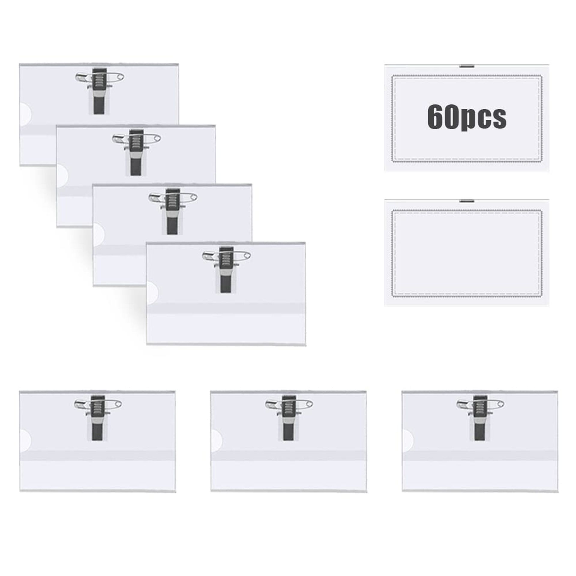 60Pcs Clear Horizontal ID Badge Holders with Clip & Safety Pin - Durable PVC, Perfect for Conferences & Schools