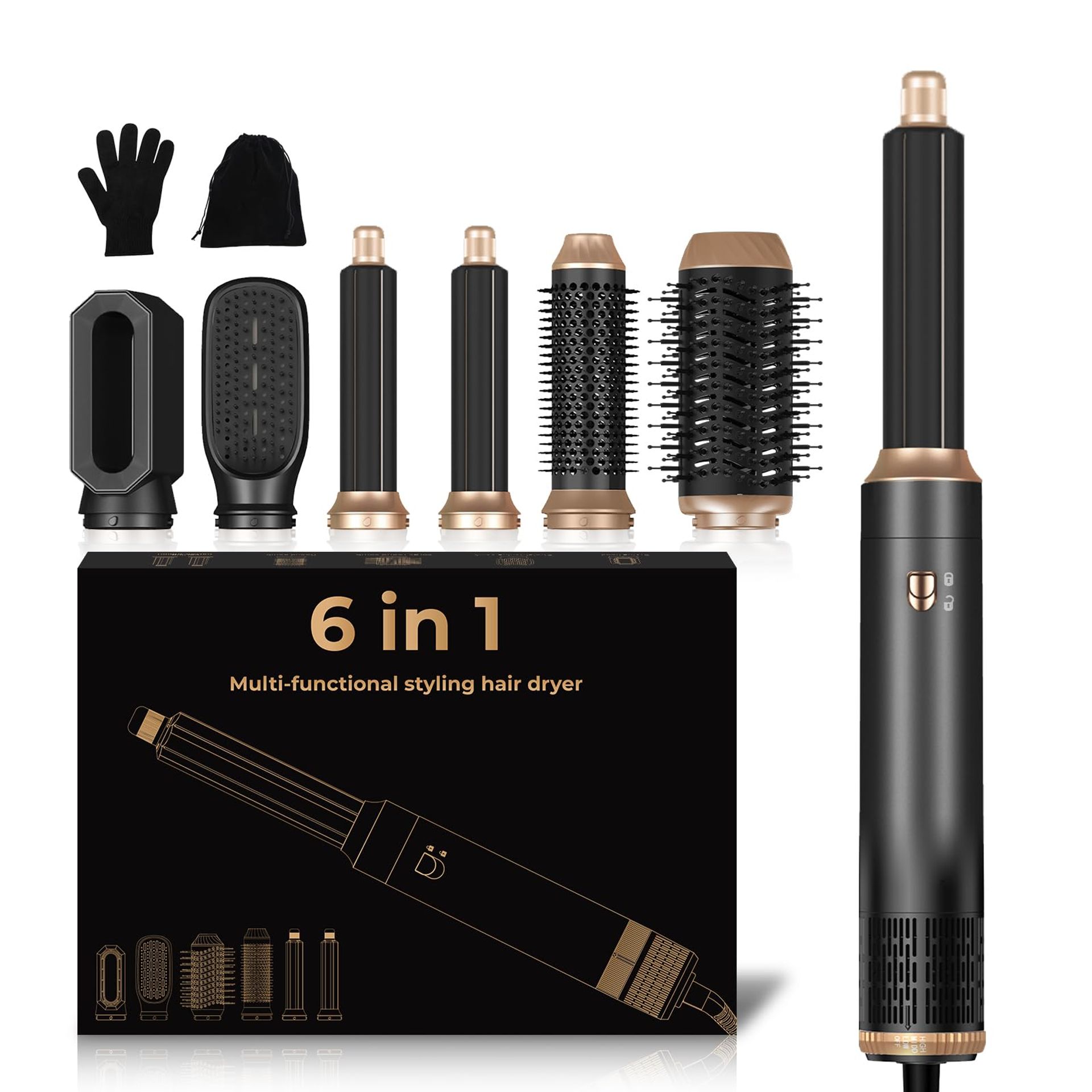 6-in-1 Hair Dryer Brush & Auto Air Curling Set, 1000W Ionic Styler with Left & Right Curl Attachments