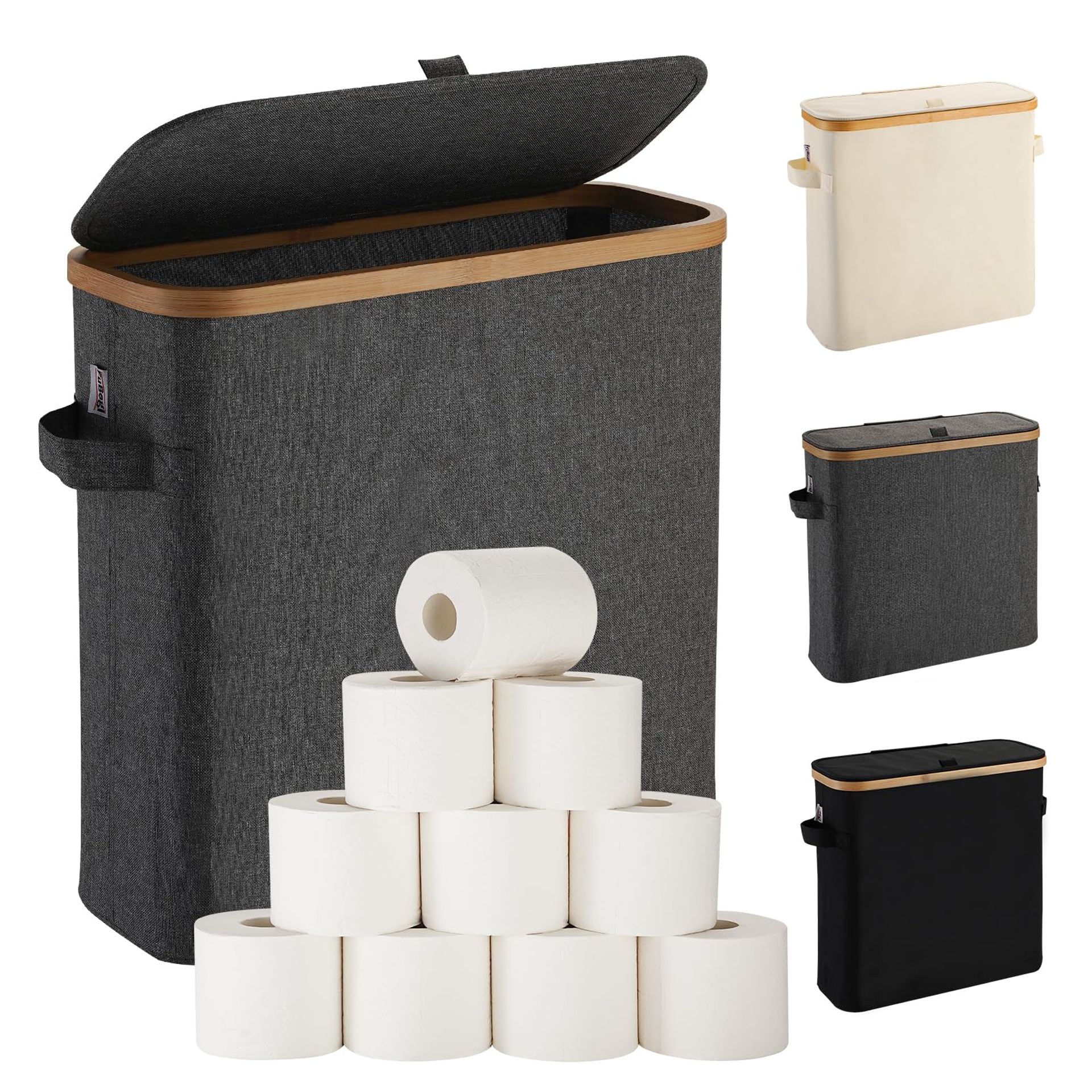 Toilet Roll Storage Basket with Lid for Mega Rolls, Bamboo & Fabric Free Standing Bathroom Organiser - Grey