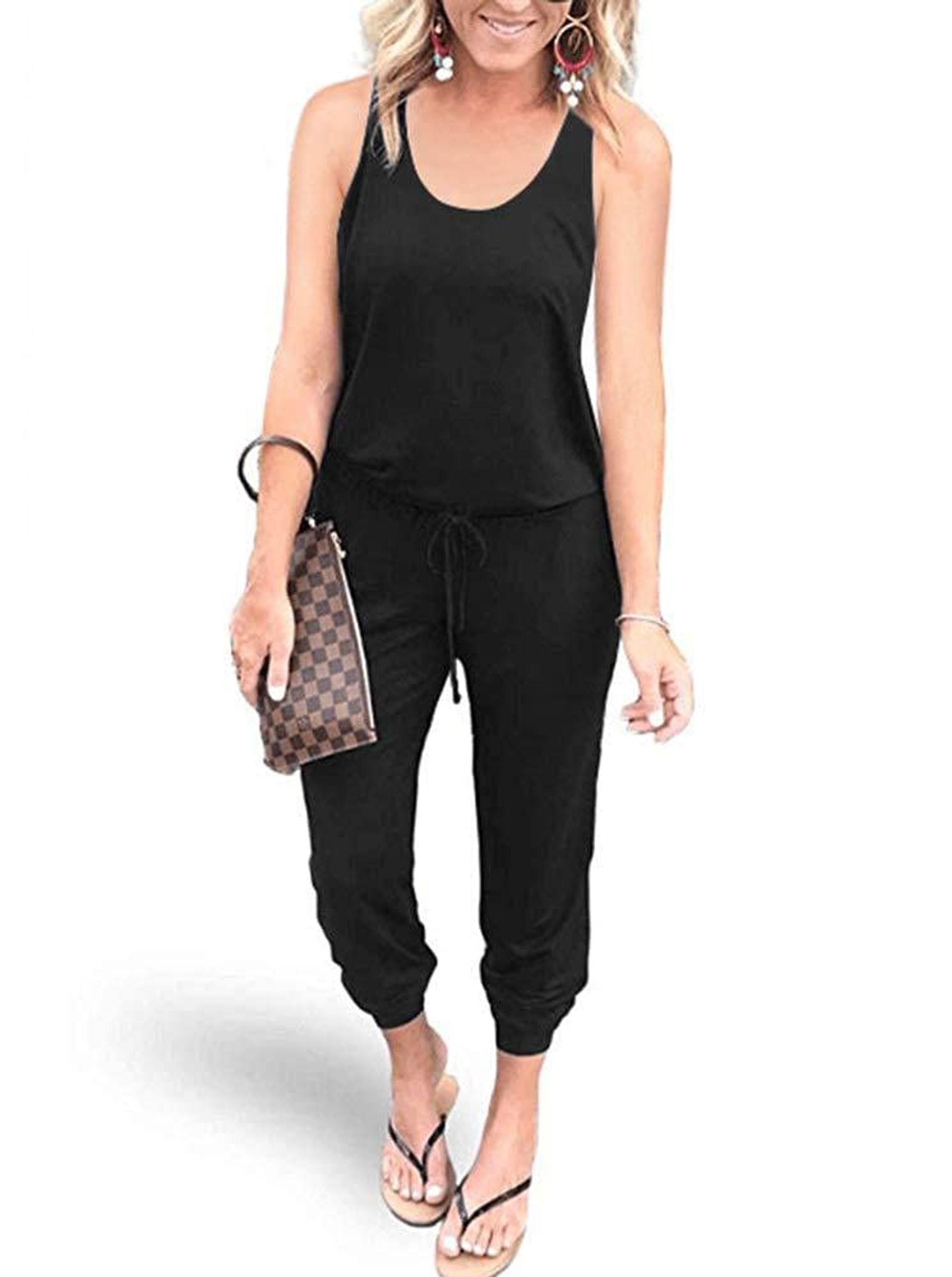 Women's Summer Casual Sleeveless Jumpsuit with Pockets - Black Medium