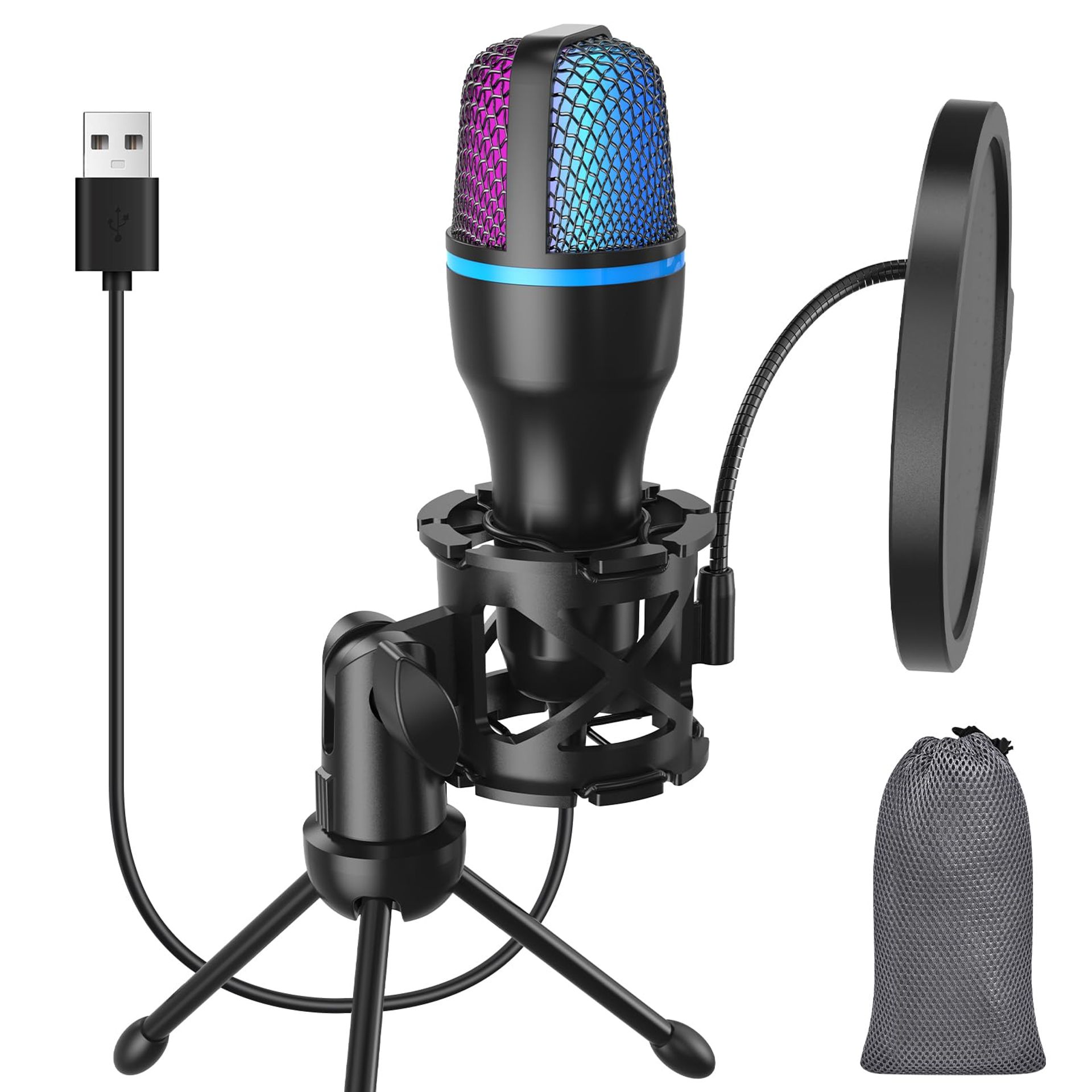 USB Gaming Microphone with Tripod Stand, Pop Filter & RGB Lighting - Cardioid Condenser Mic for Streaming, Podcasting, Recording & PC